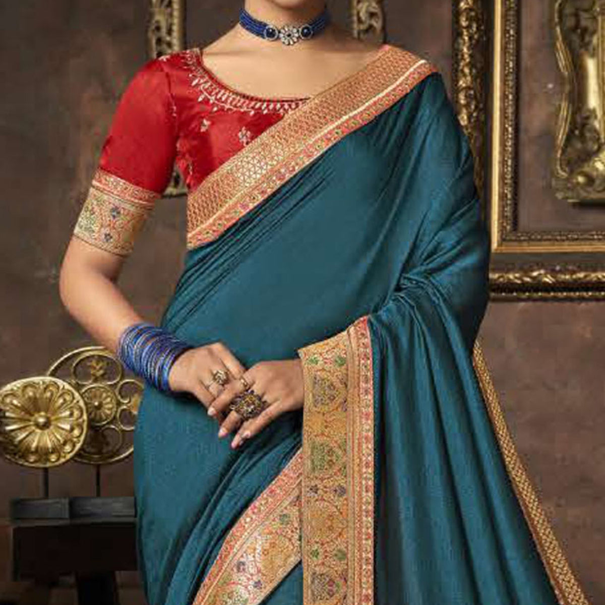 Teal Blue Solid With Woven Border Vichitra Silk Saree