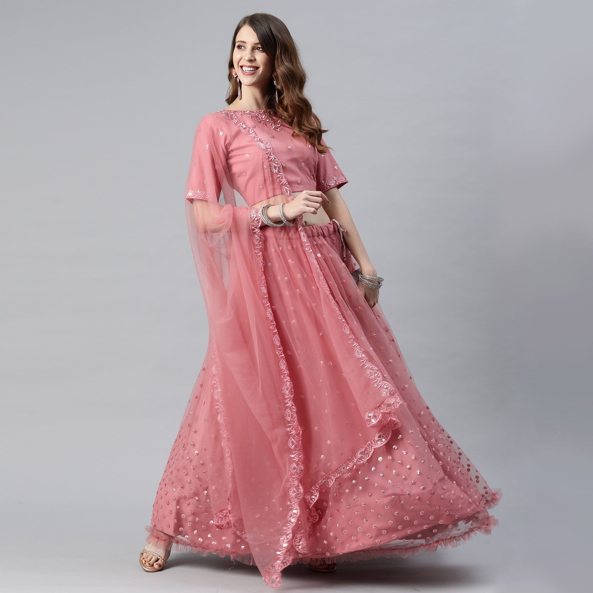 Pink Sequins Embroidered Net Lehenga Choli