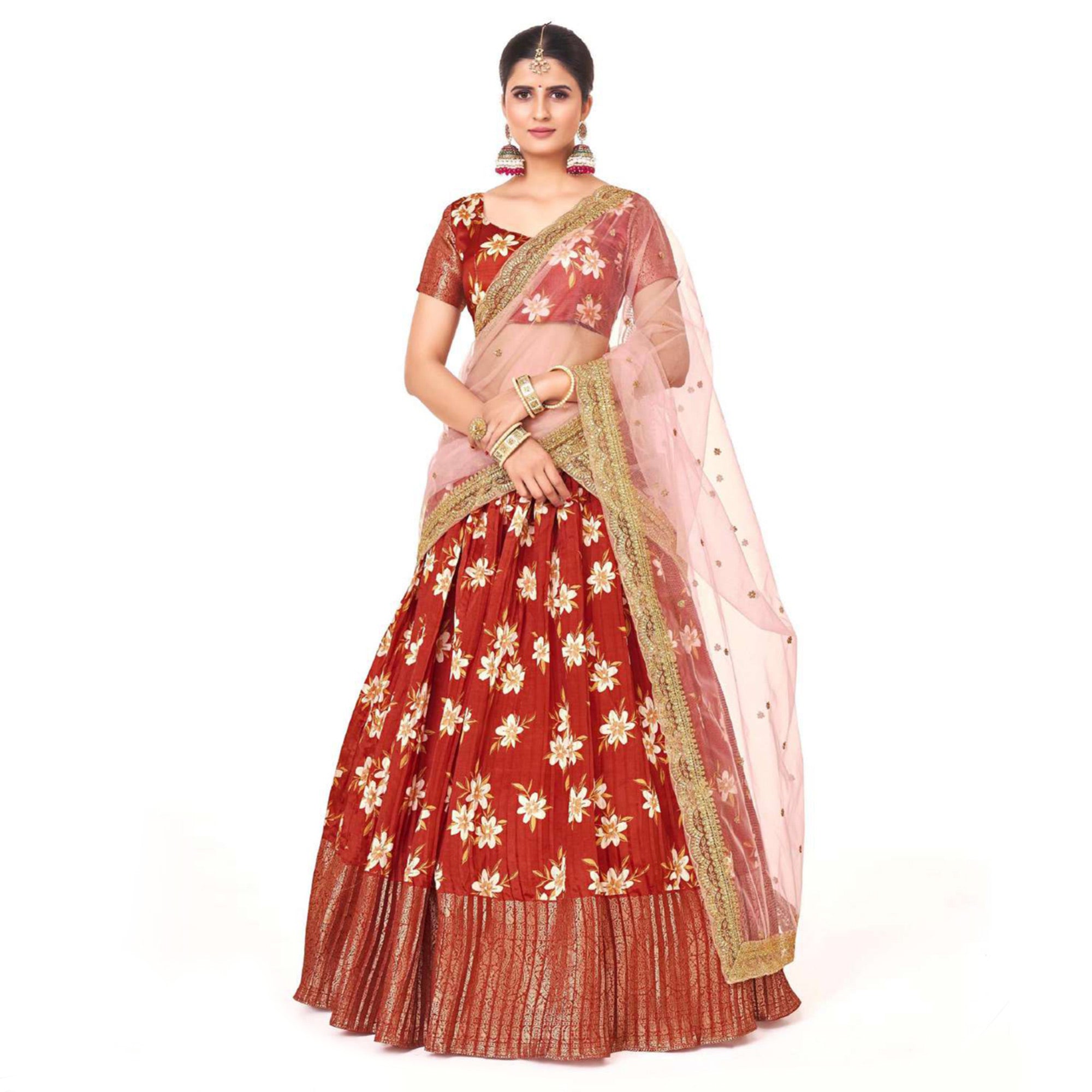 Rust Digital Printed With Zari Work Art Silk Lehenga Choli