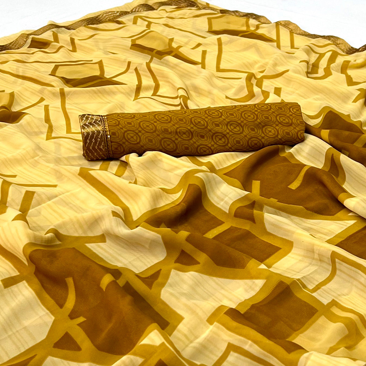 Yellow Geometric Printed Georgette Saree