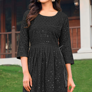 Black Sequins Embroidered Rayon Naira Cut Kurti