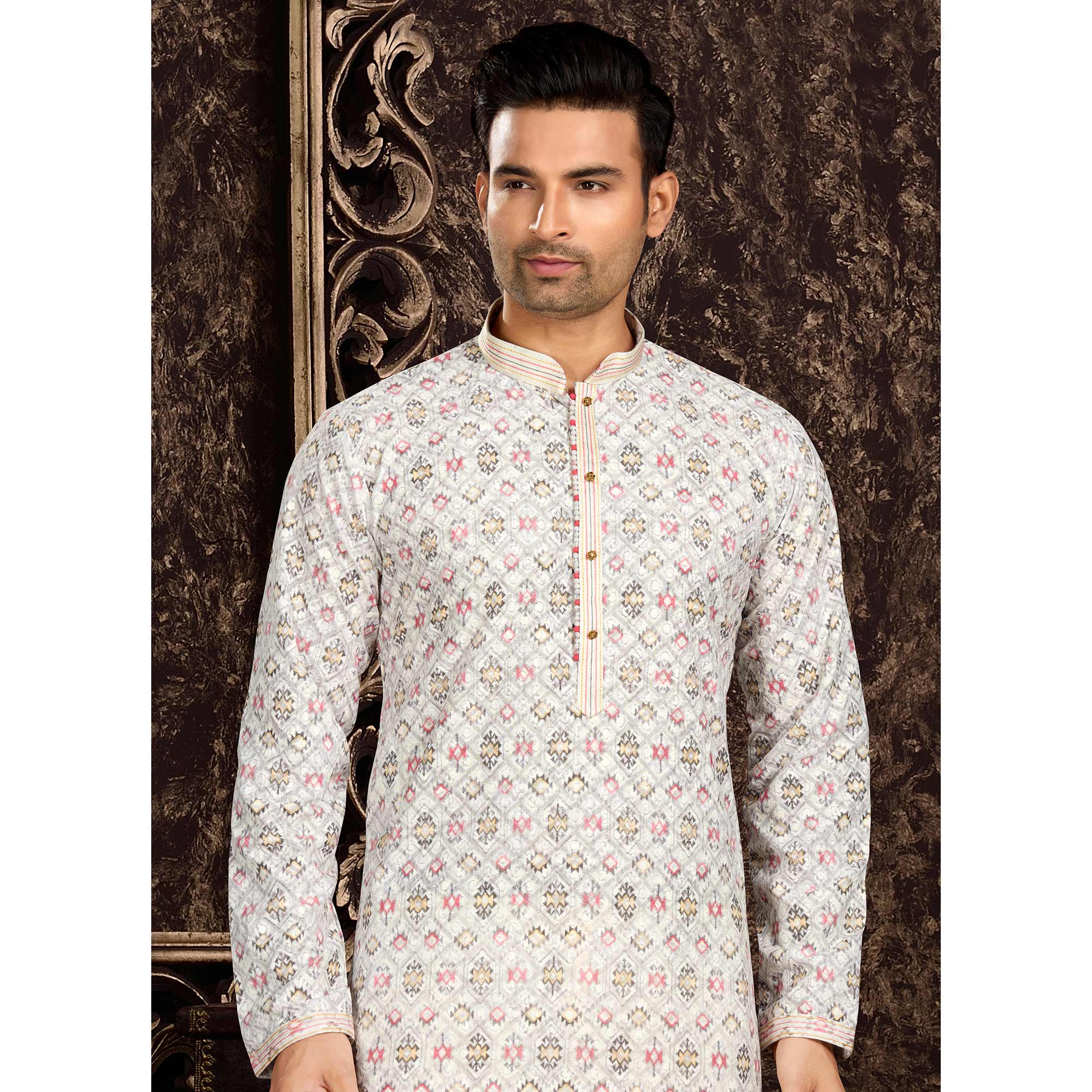 Offwhite Lucknowi And Digital Printed Cotton Kurta Pyjama Set