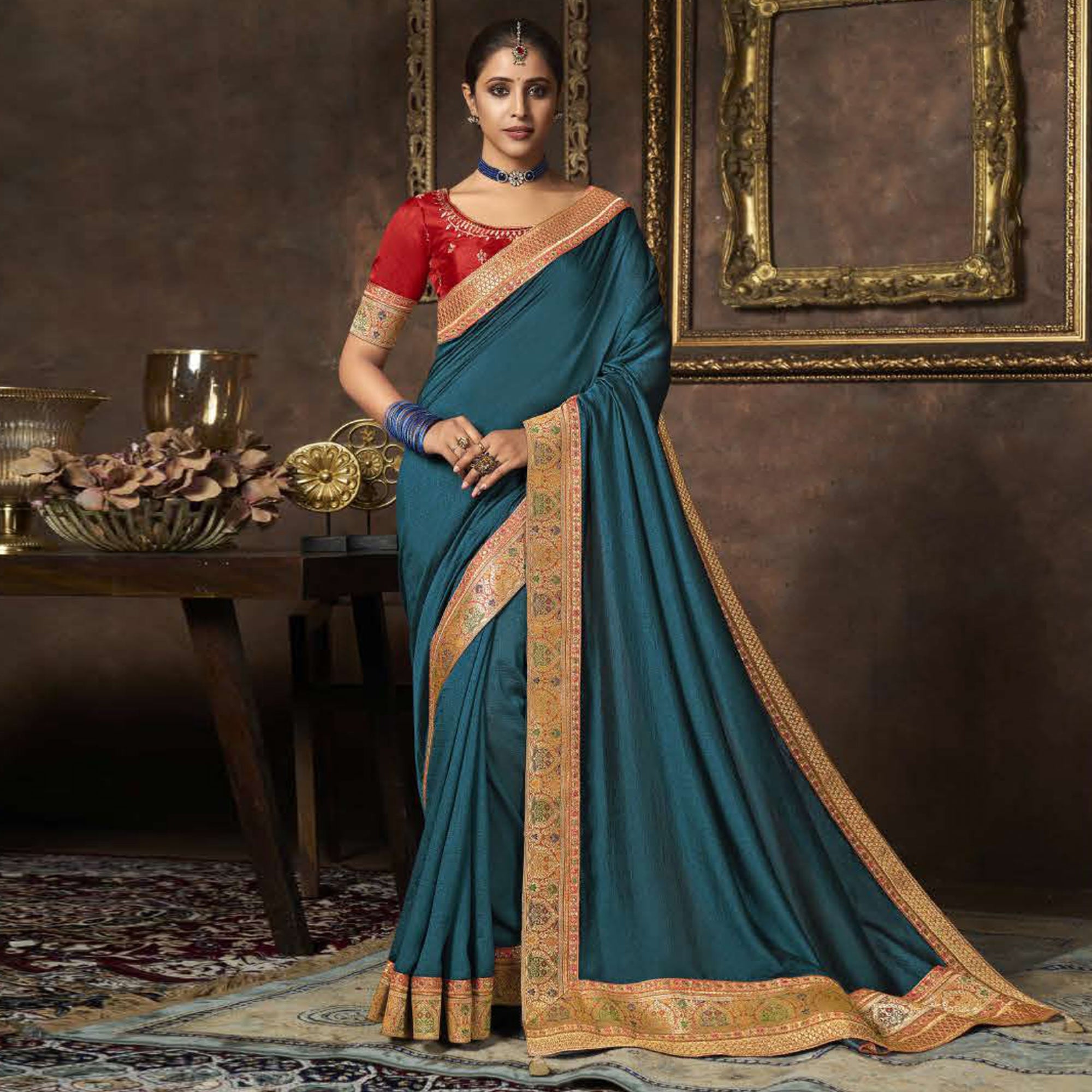 Teal Blue Solid With Woven Border Vichitra Silk Saree