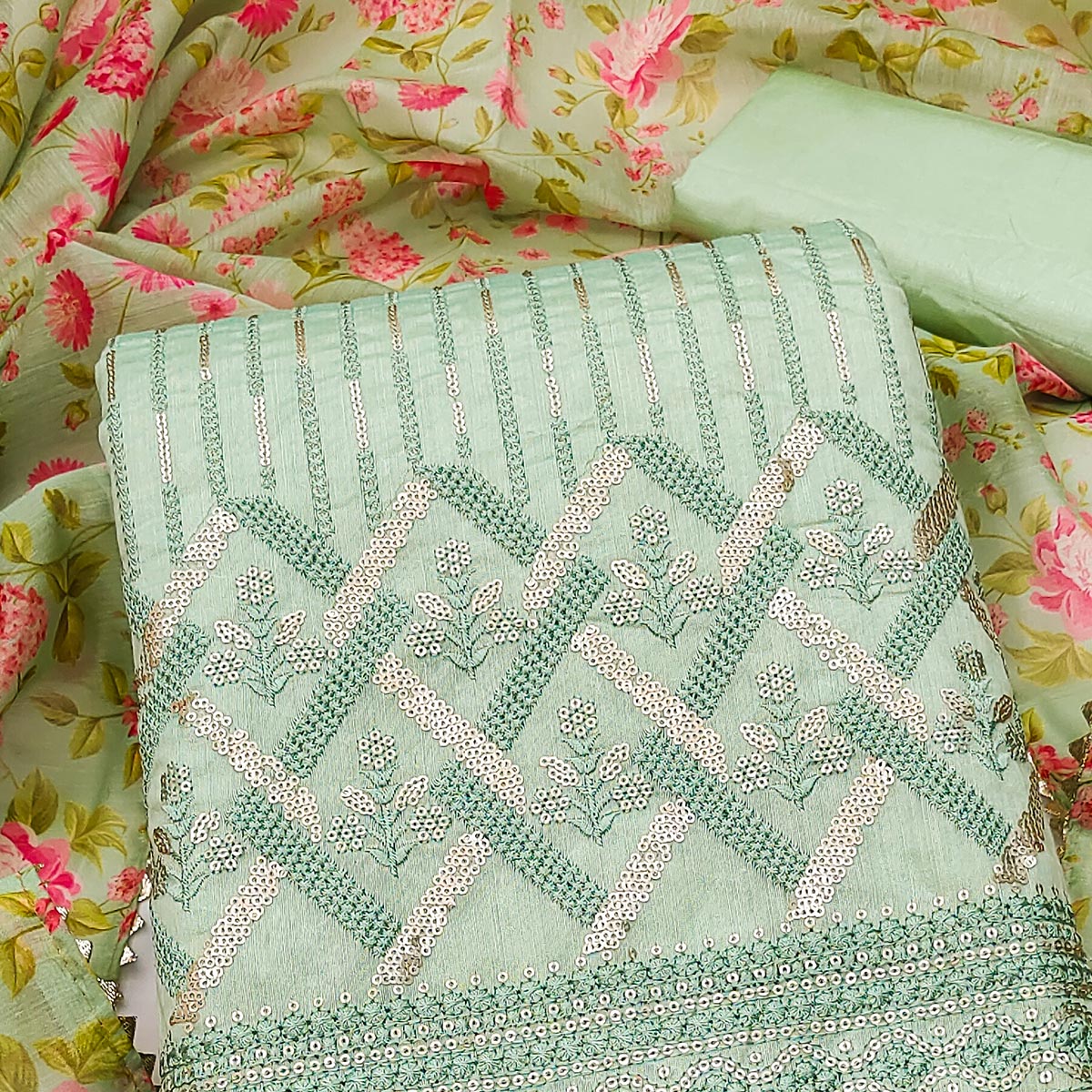Green Sequins Embroidered Chanderi Dress Material