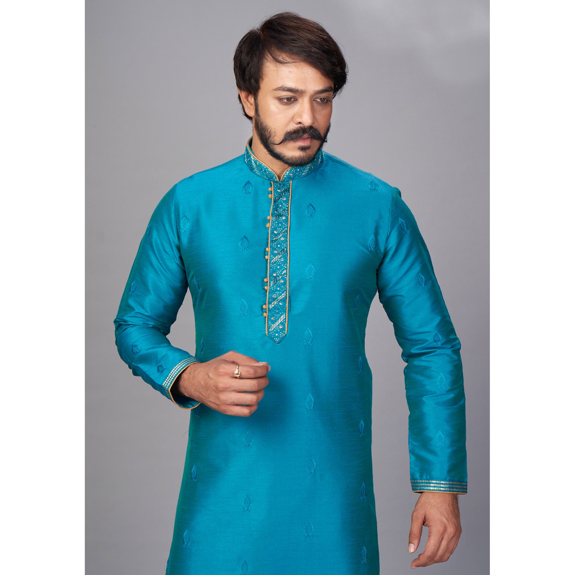 Blue Embroidered Jacquard Kurta Pyjama Set