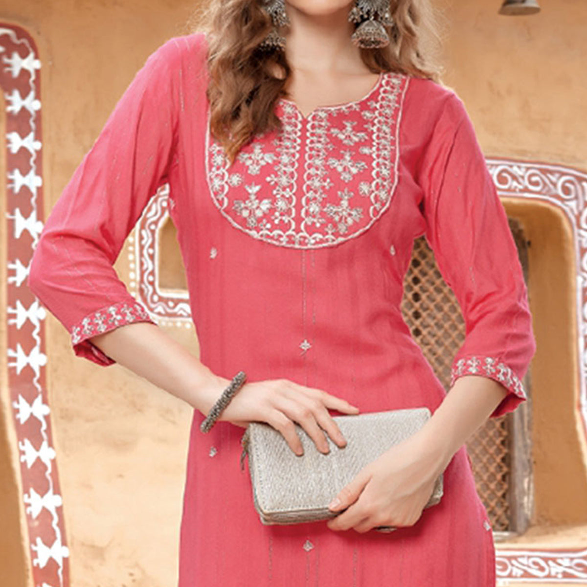 Pink Floral Embroidered Rayon Kurti