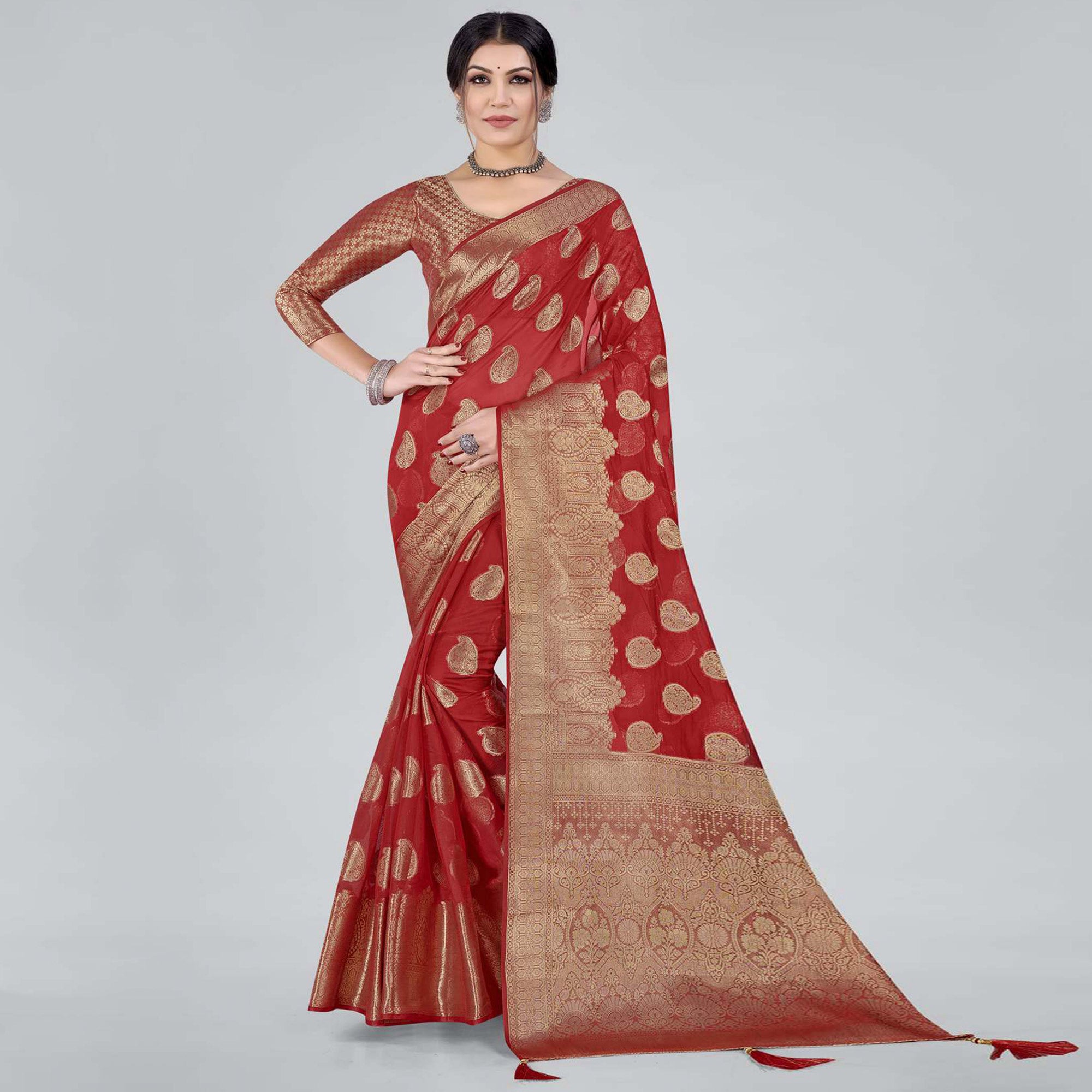 Red Woven Organza Saree With Tassels