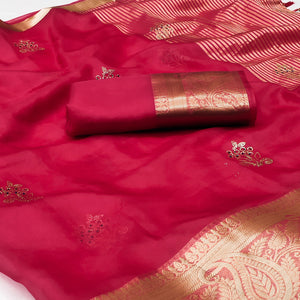Pink Floral Foil With Woven Border Organza Saree