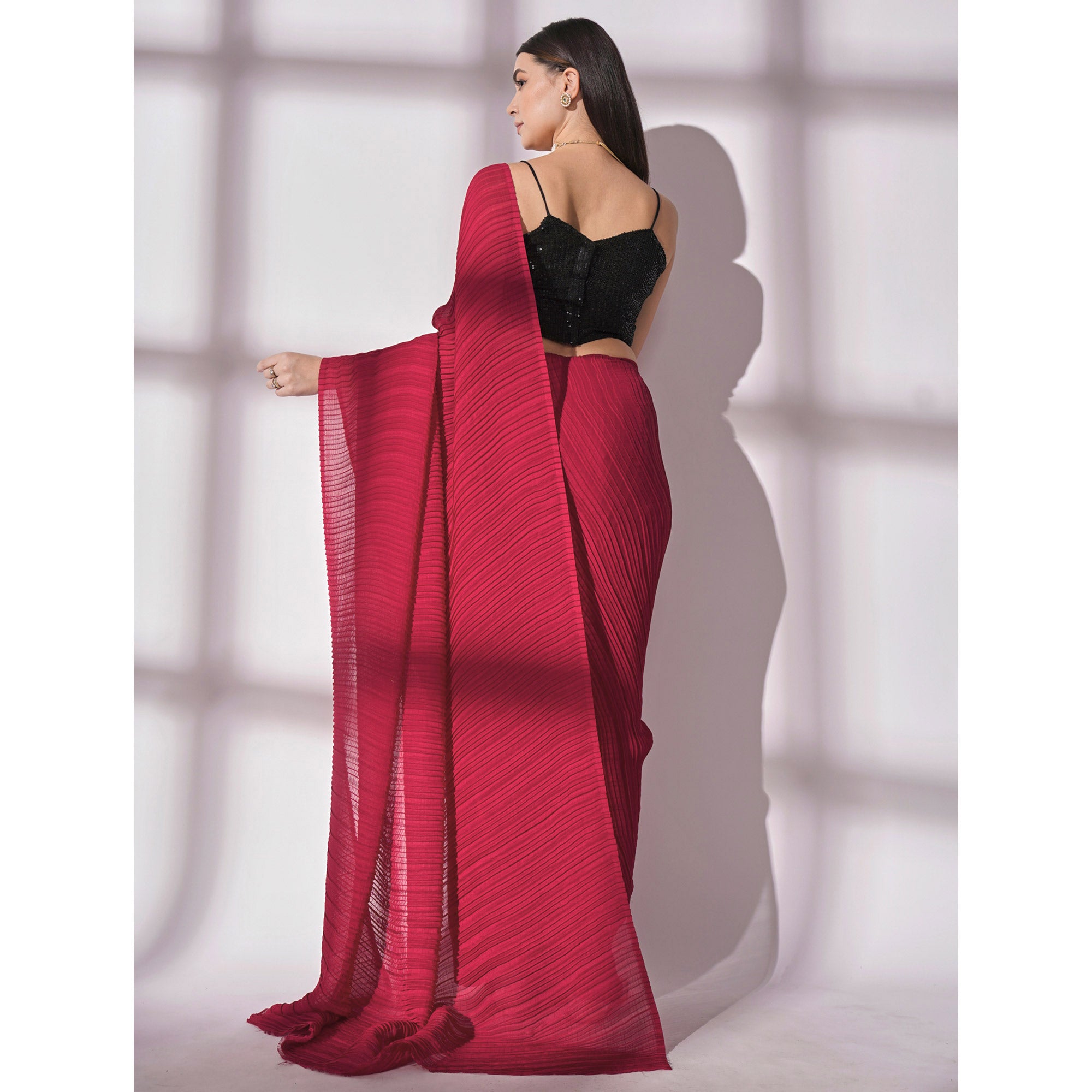 Pink Striped Pattern Georgette Saree