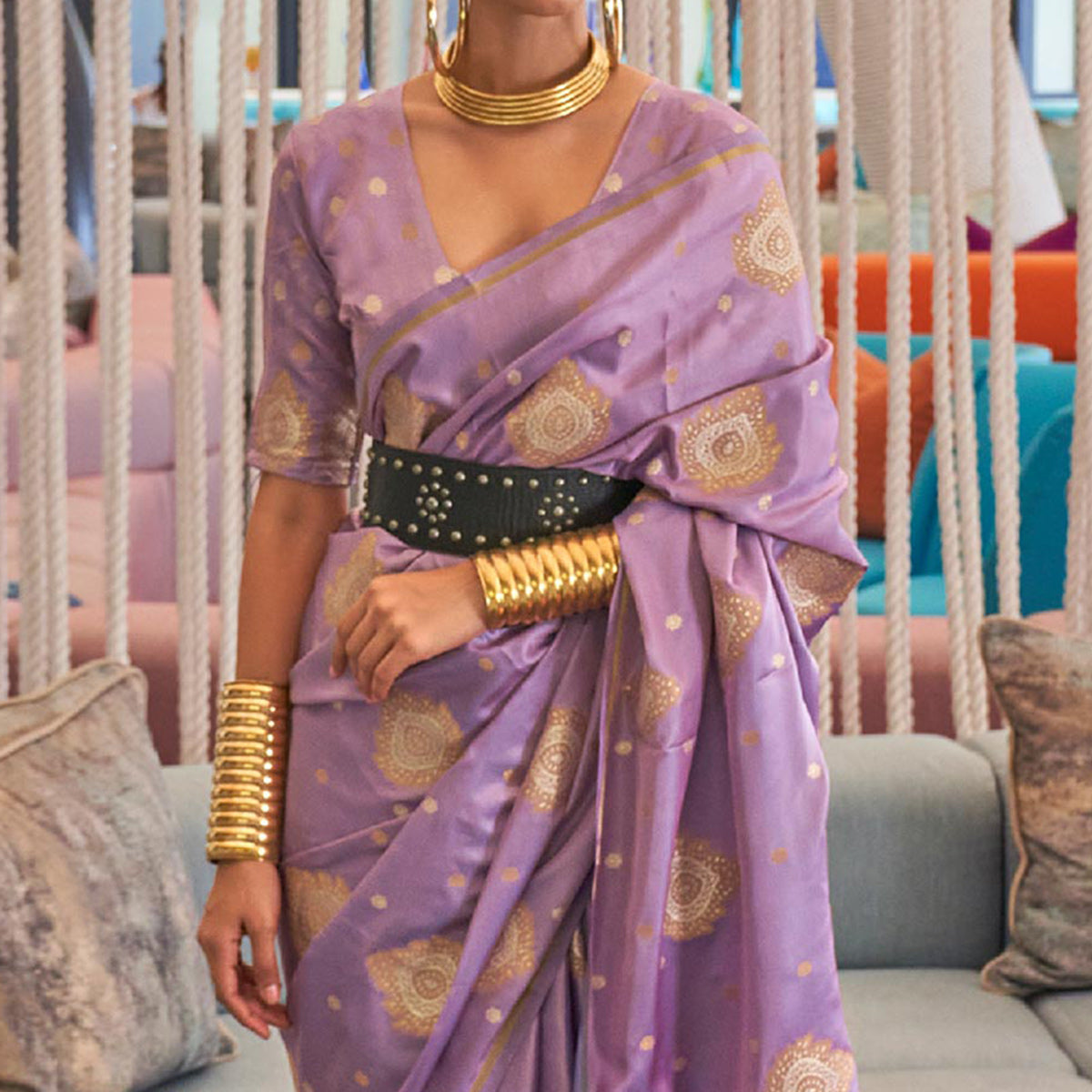 Violet Woven Satin Saree With Tassels