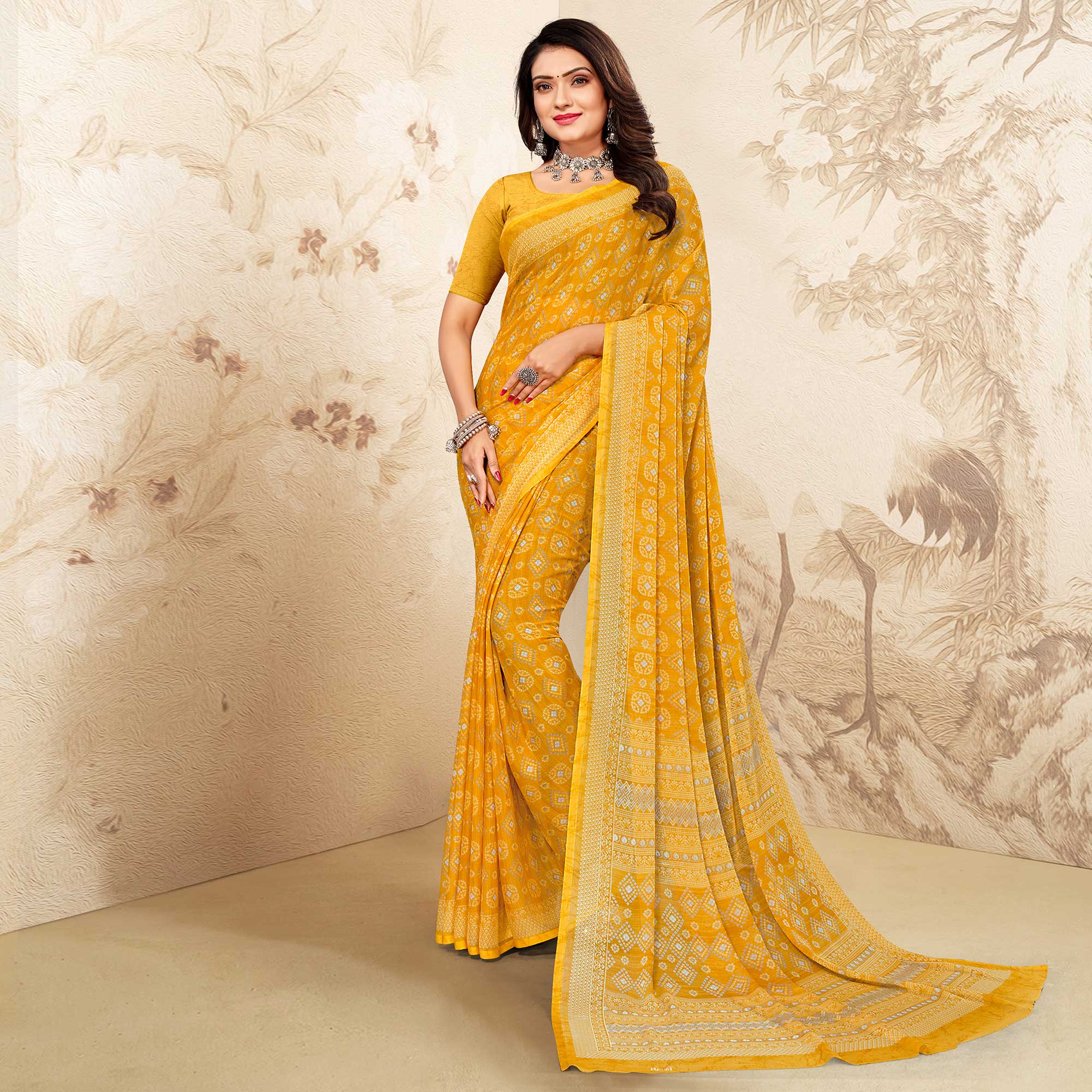 Yellow Bandhani Printed Chiffon Saree