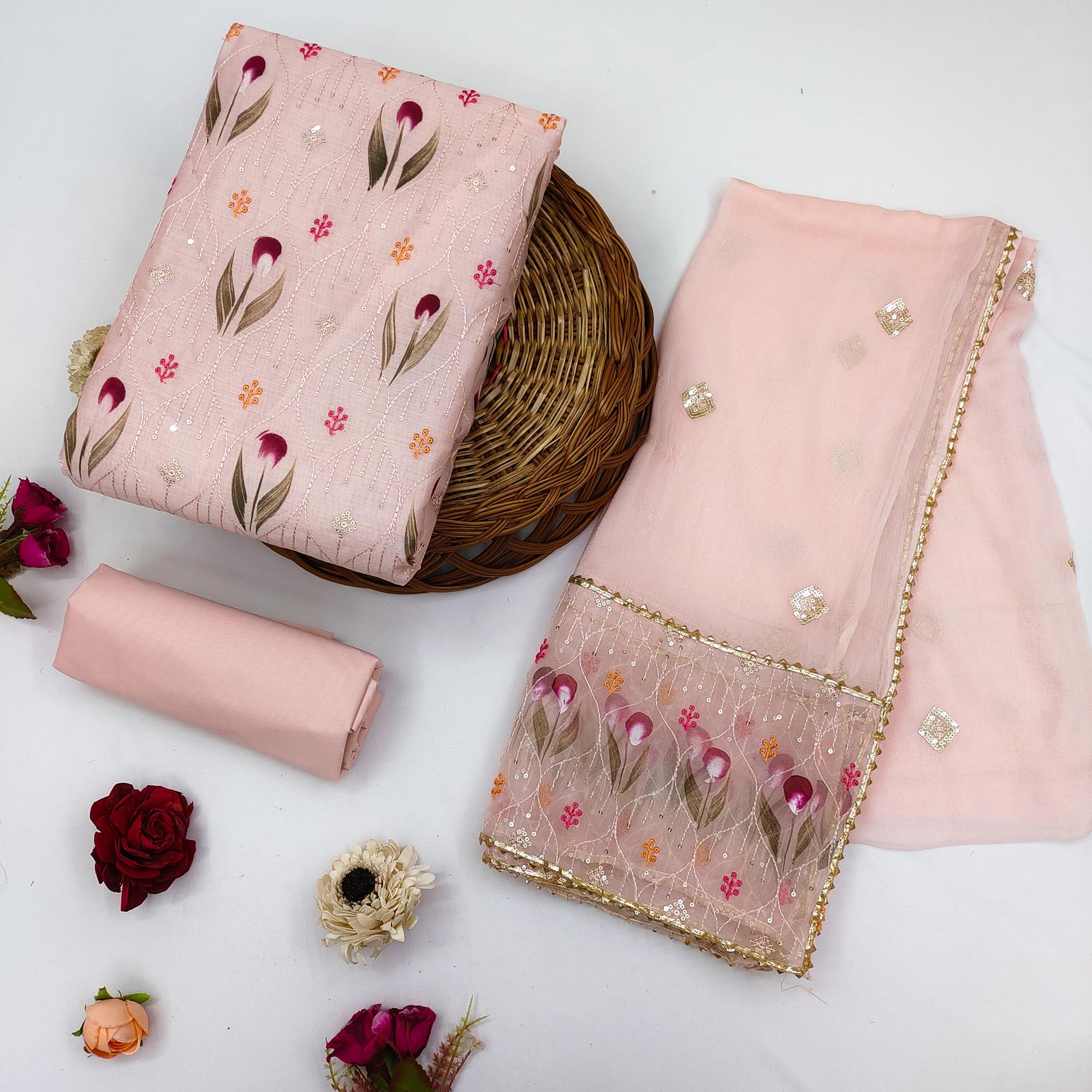 Peach Sequins Embroidered Chanderi Dress Material