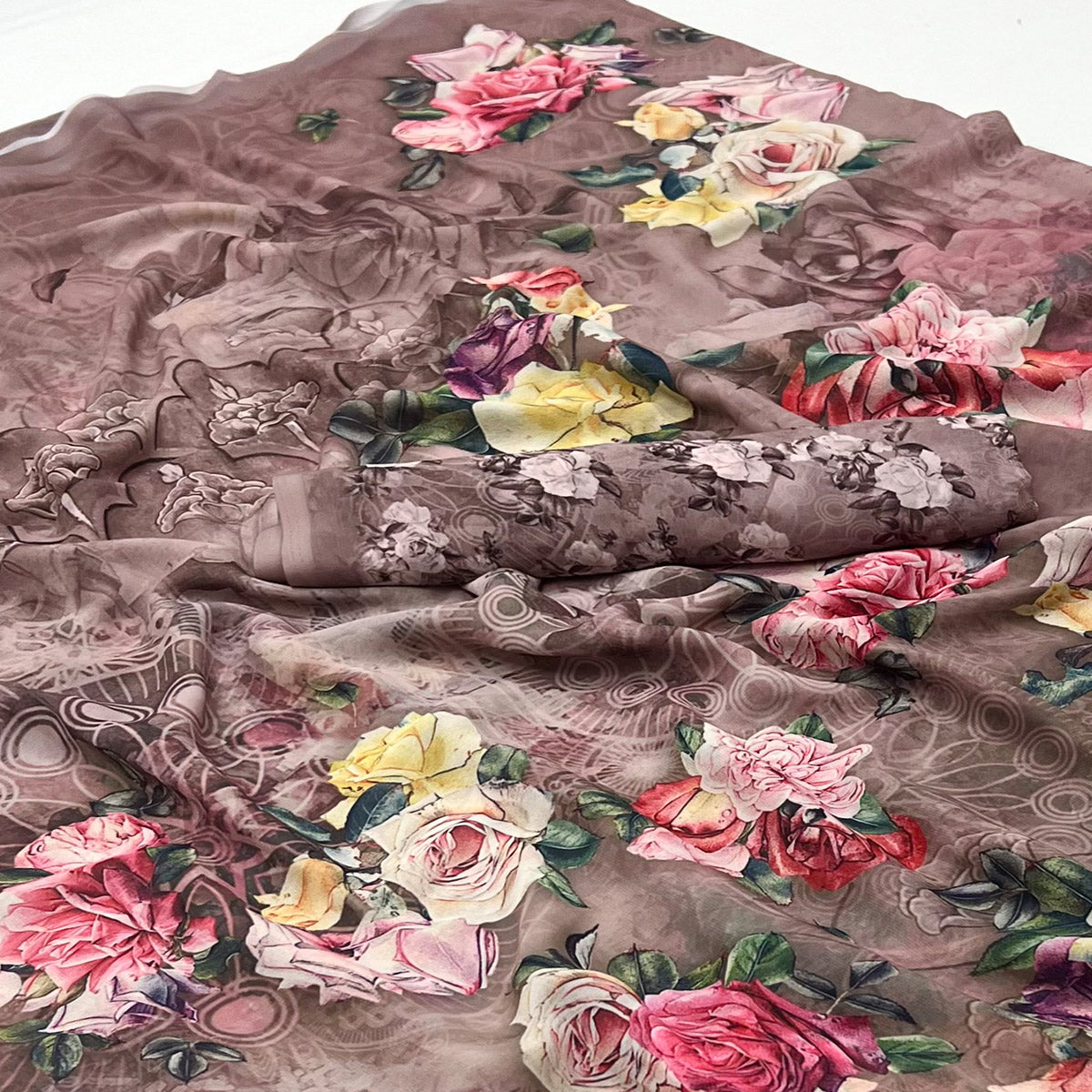 Chikoo Digital Floral Printed Georgette Saree