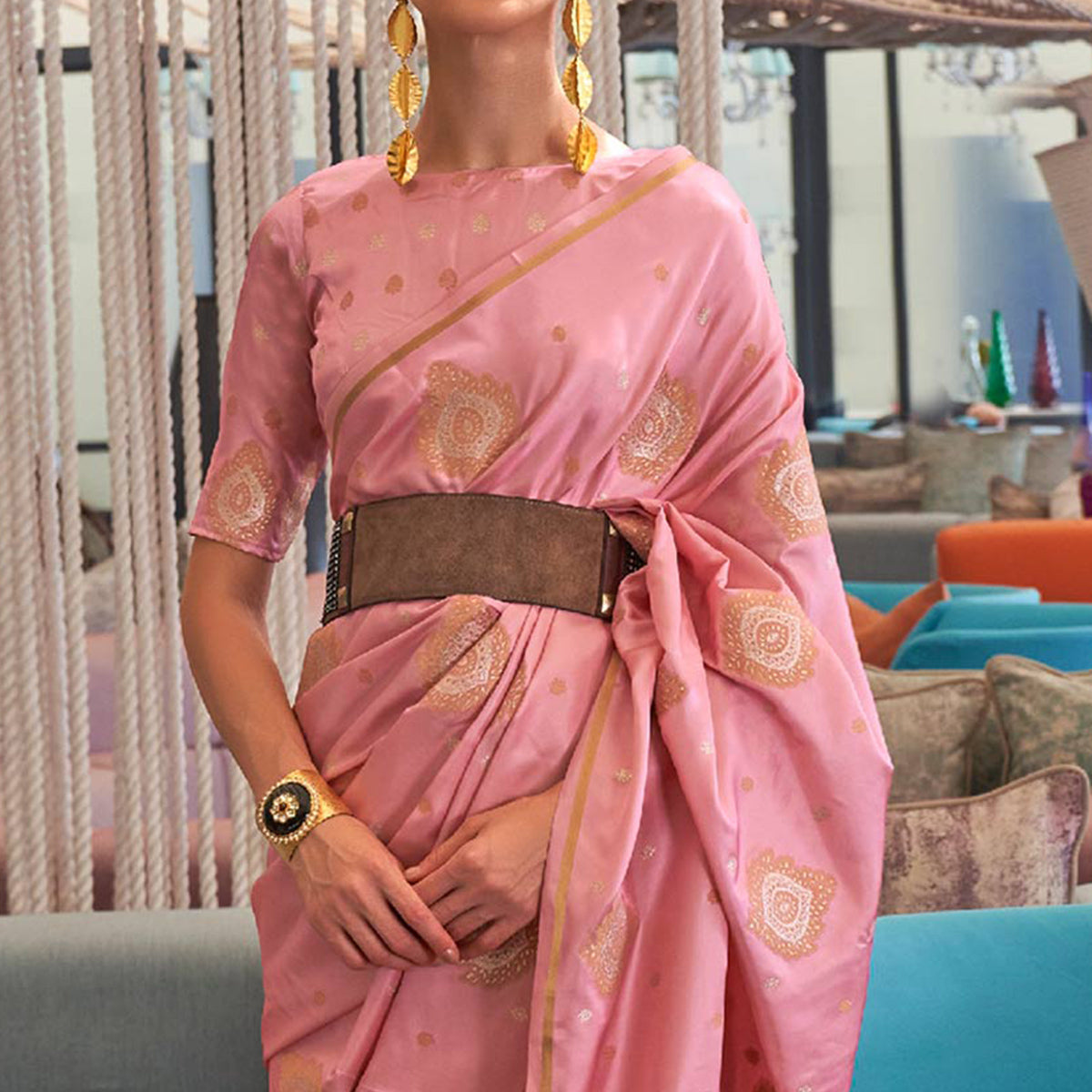 Pink Woven Satin Saree With Tassels