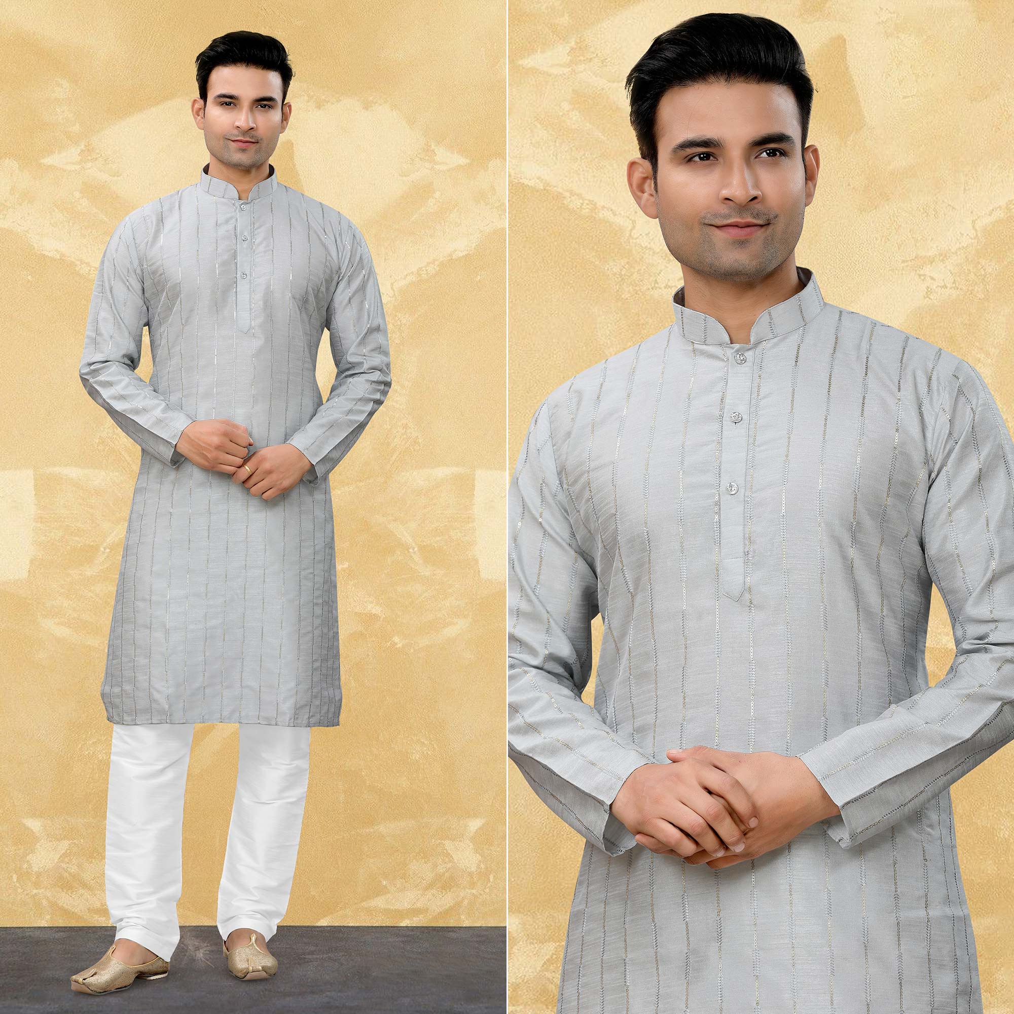 Grey Sequins Embroidered Art Silk Kurta Pyjama Set