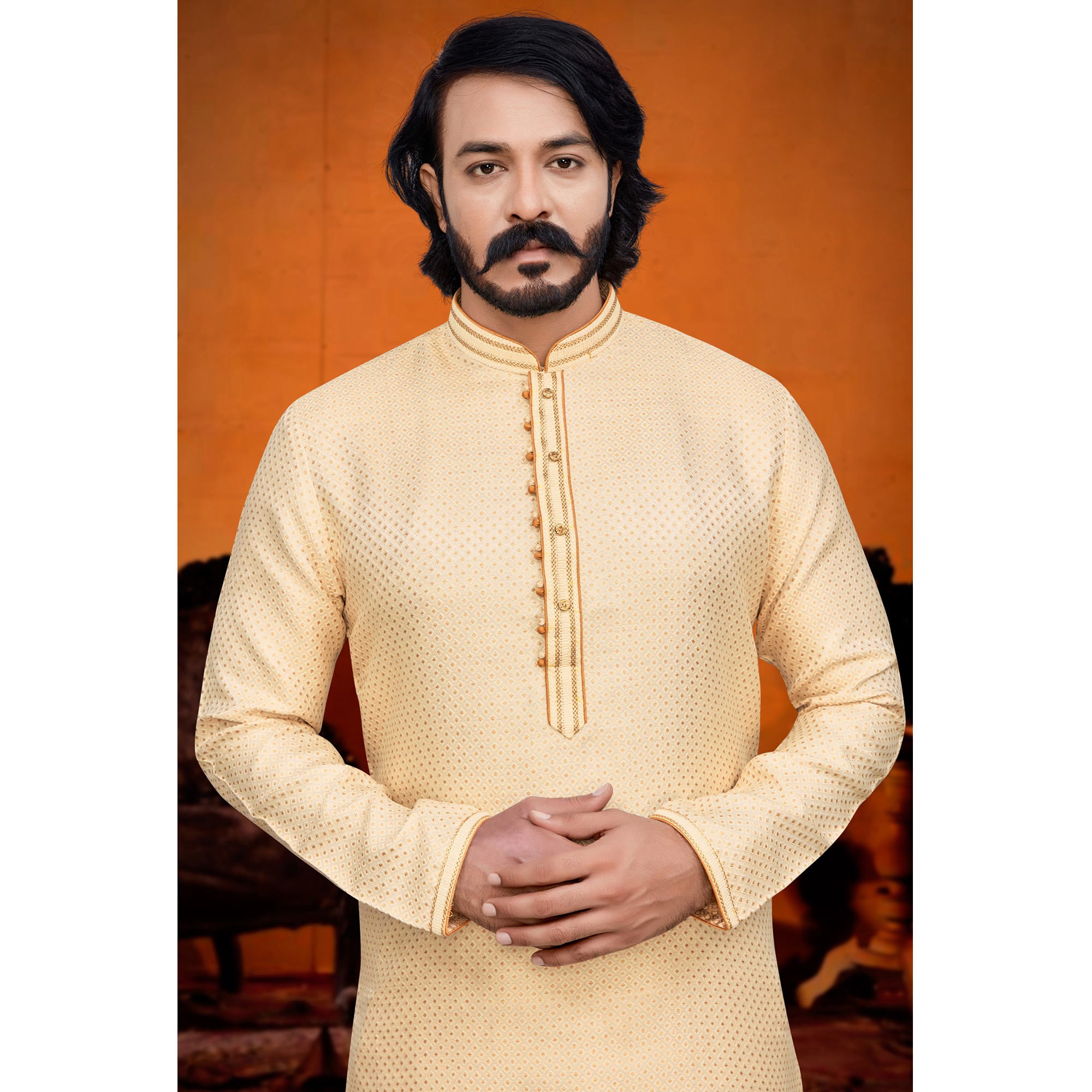 Light Yellow Woven Jacquard Kurta Pyjama Set