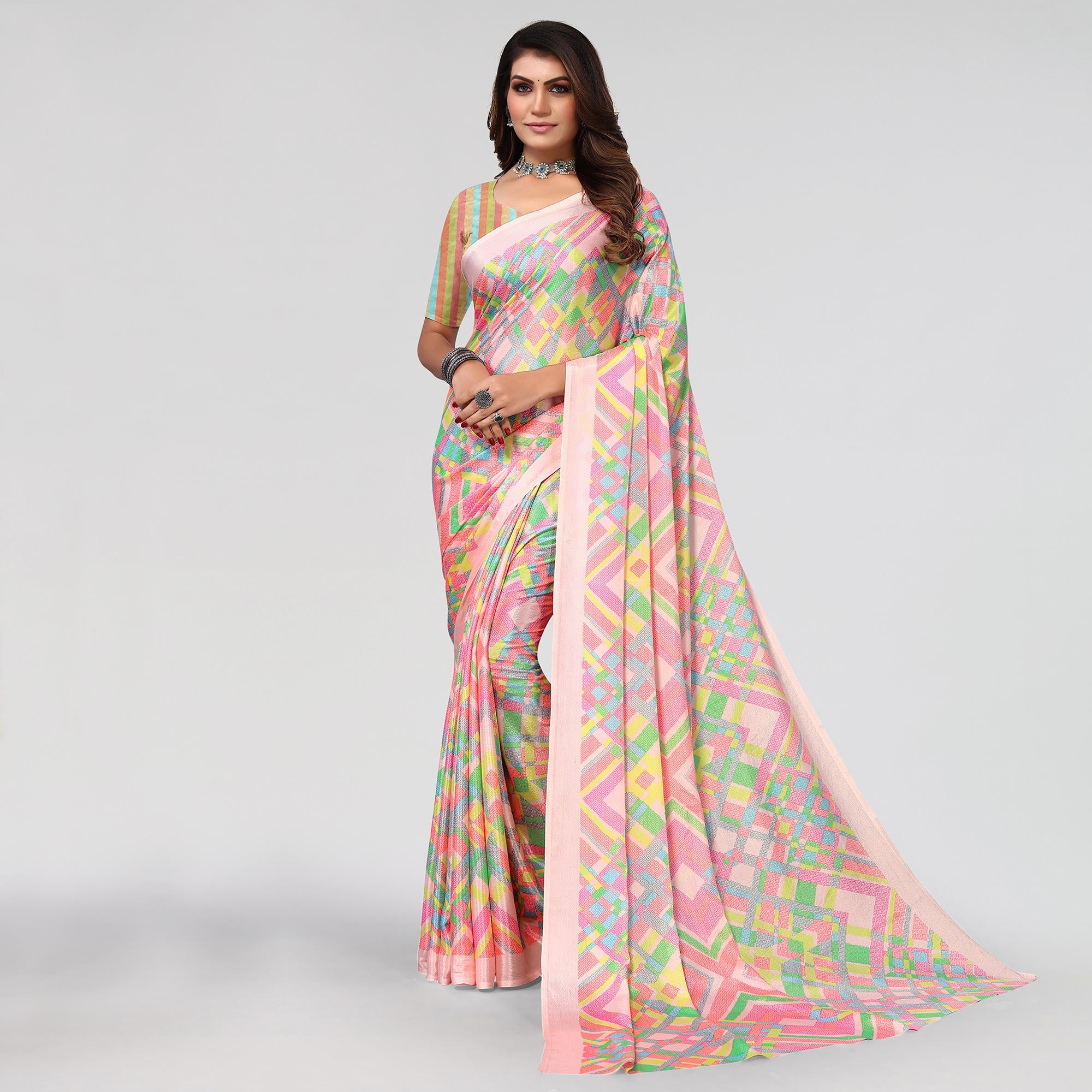 Pink Geometric Printed Chiffon Saree