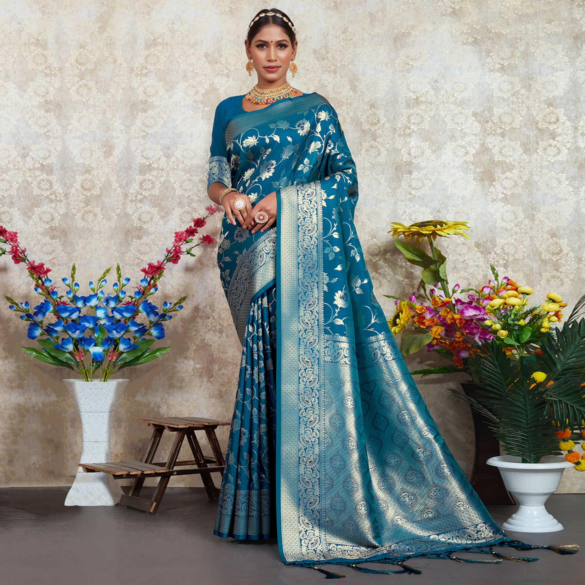 Teal Blue Woven Art Silk Saree With Tassels