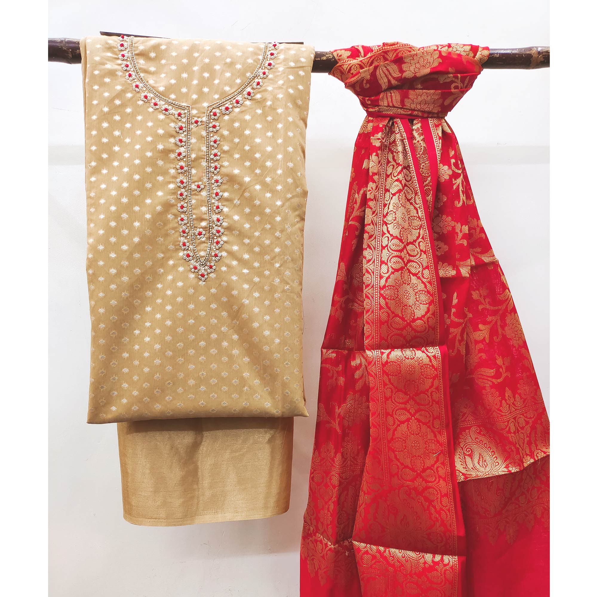 Light Brown Woven Banarasi Silk Dress Material