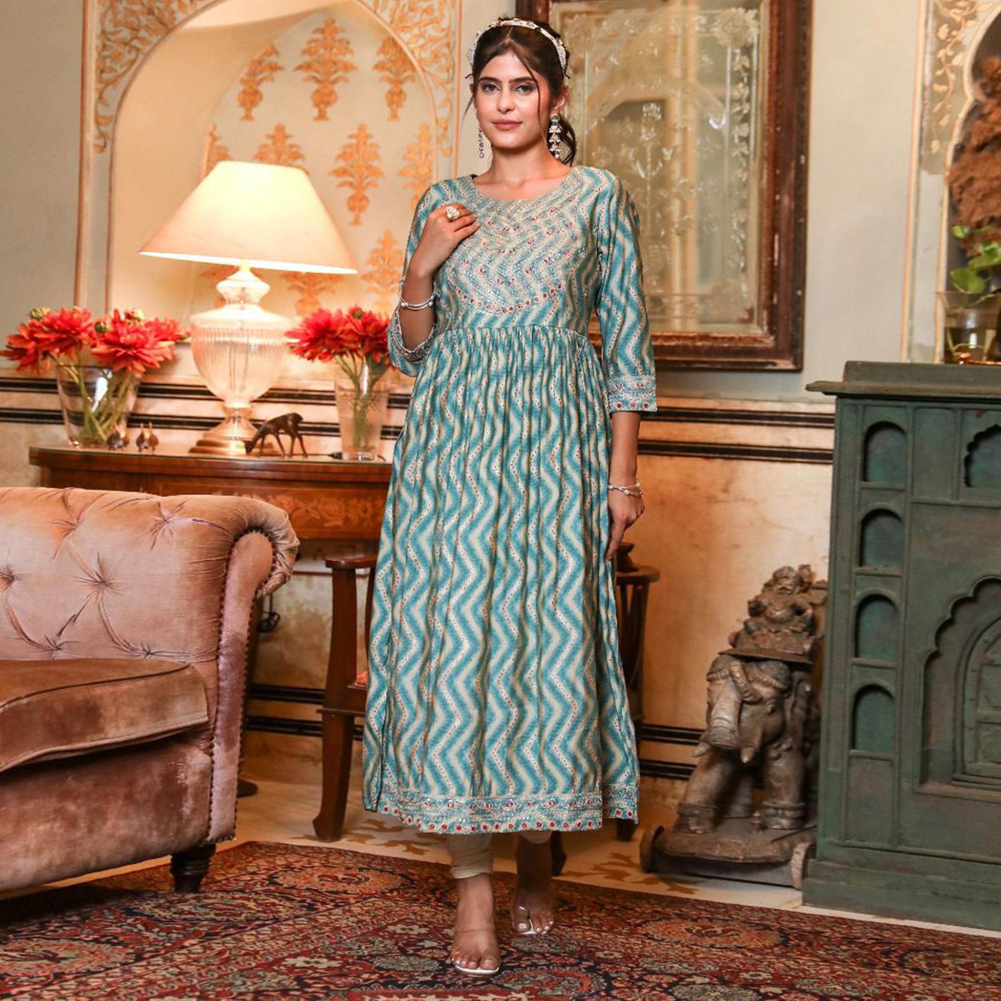 Blue Printed With Embroidered Muslin Naira Cut Kurti