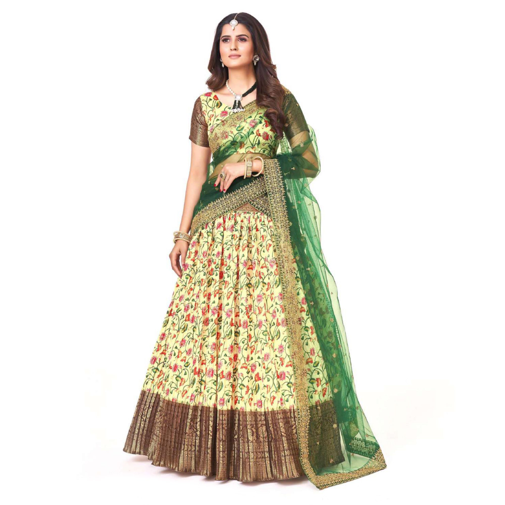 Lime Yellow Digital Printed With Zari Work Art Silk Lehenga Choli