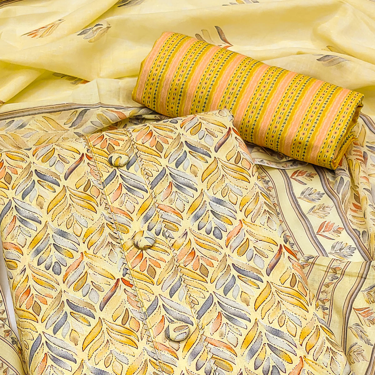 Yellow Printed Cotton Blend Dress Material