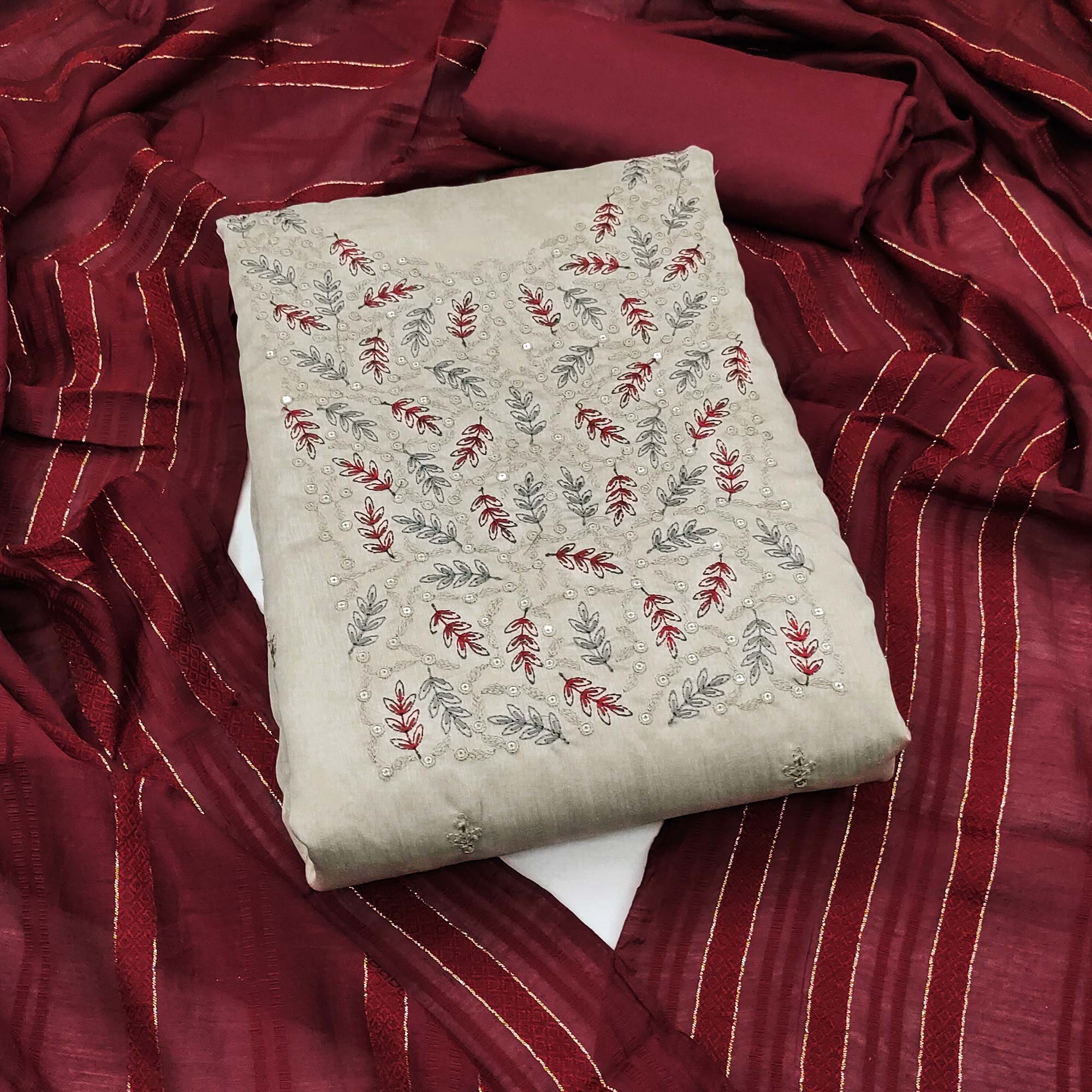 Cream Floral Embroidered Cotton Silk Dress Material