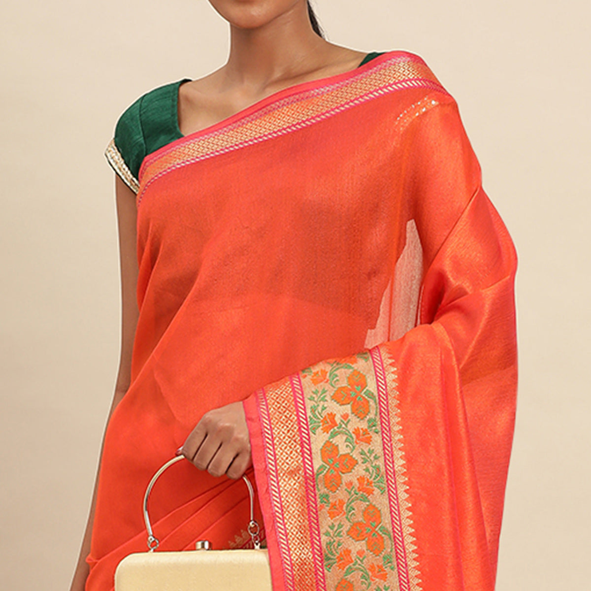 Orange Woven Cotton Silk Saree