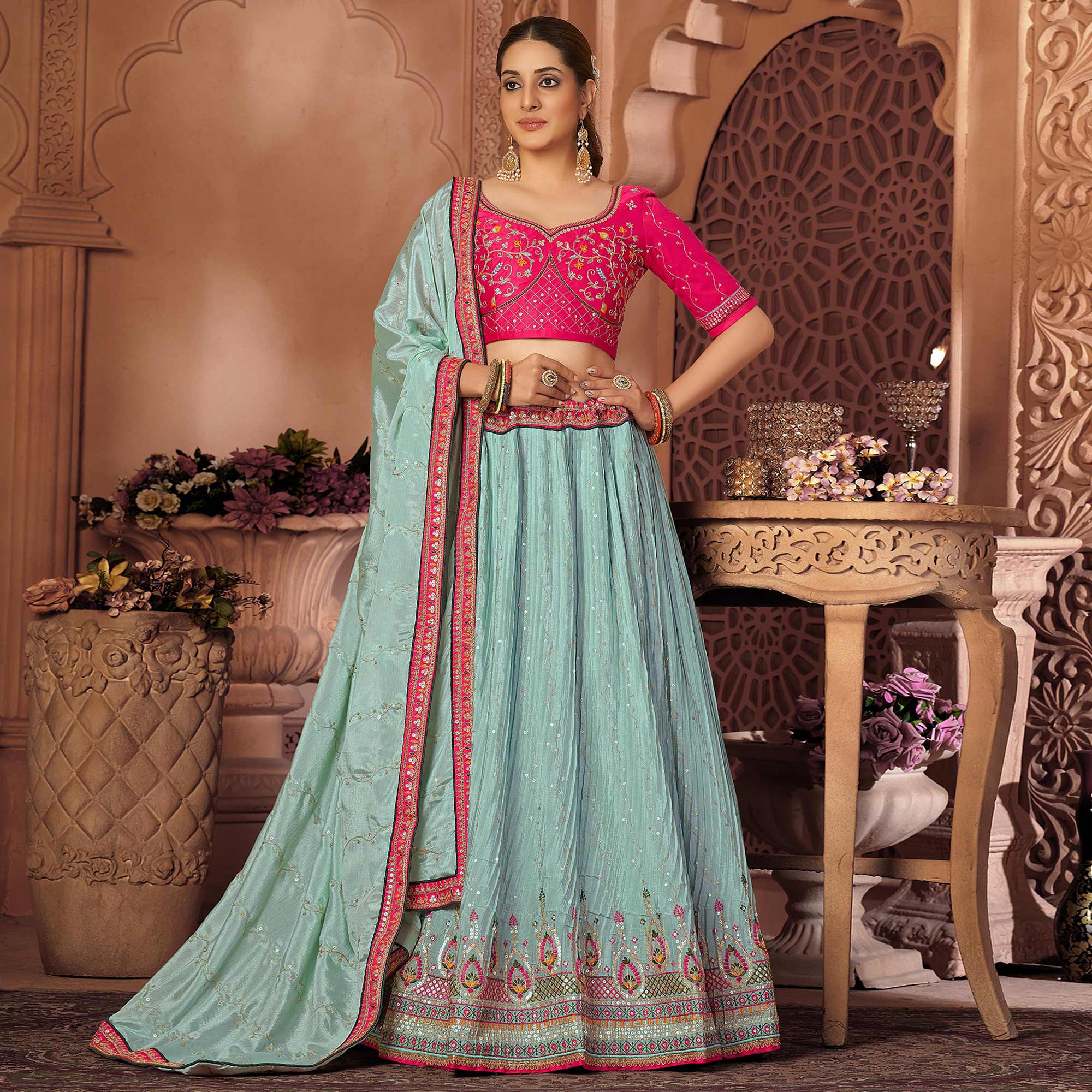 Sky Blue Sequins Embroidered Chiffon Lehenga Choli