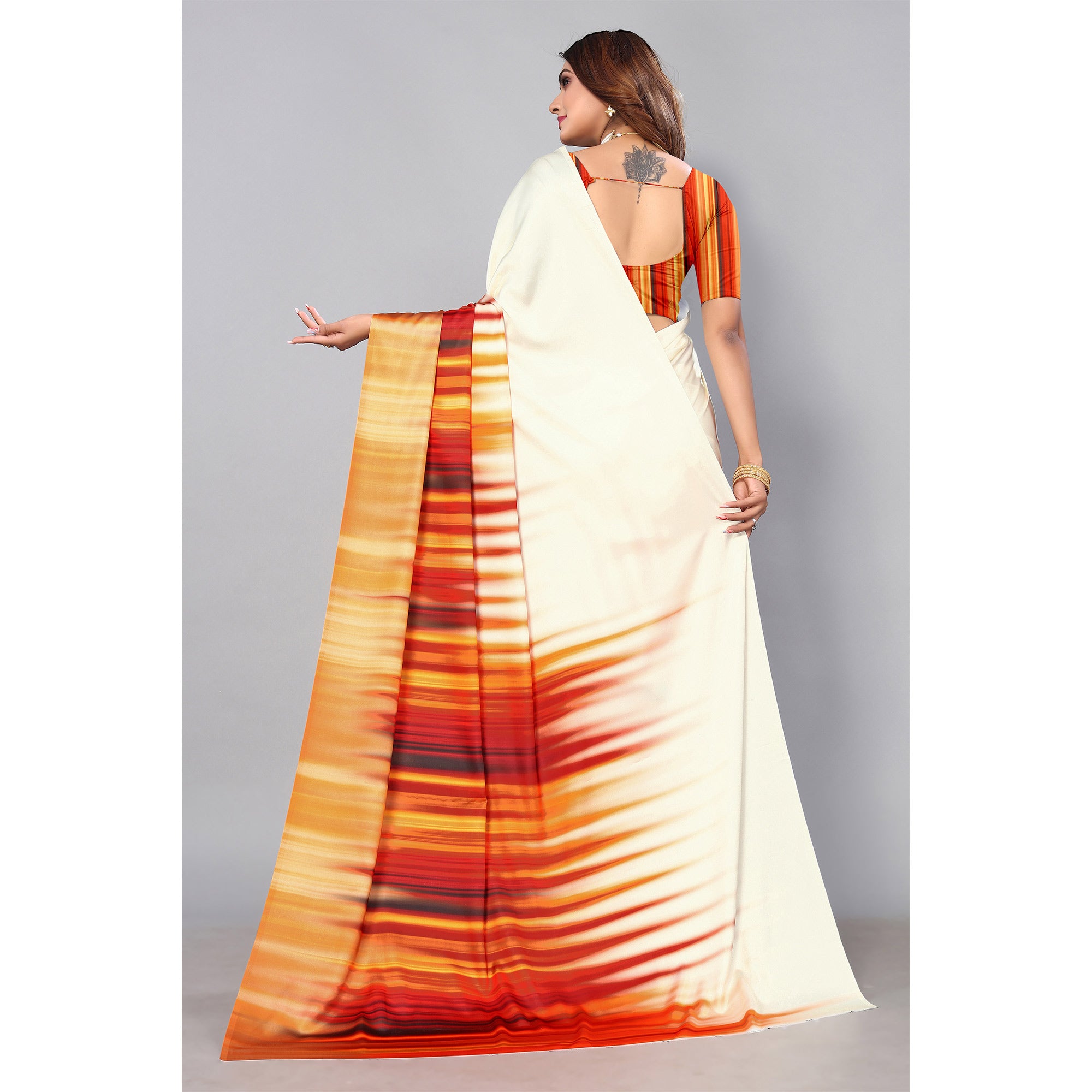 Cream Digital Printed Satin Saree