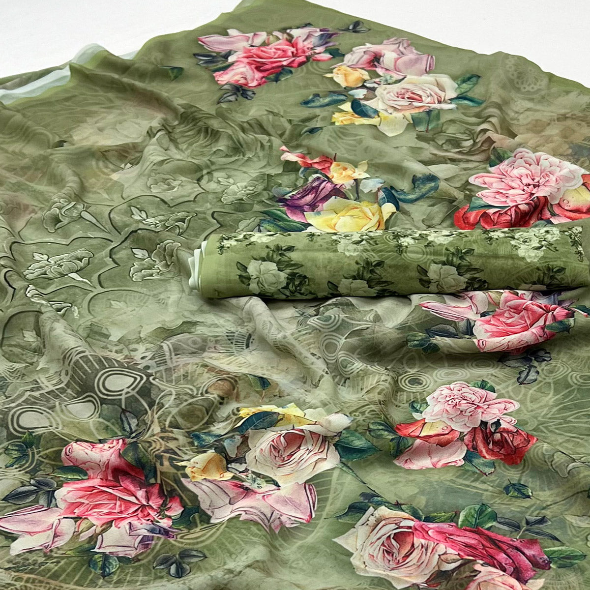 Green Digital Floral Printed Georgette Saree