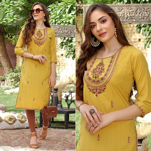 Yellow Floral Embroidered Muslin Kurti