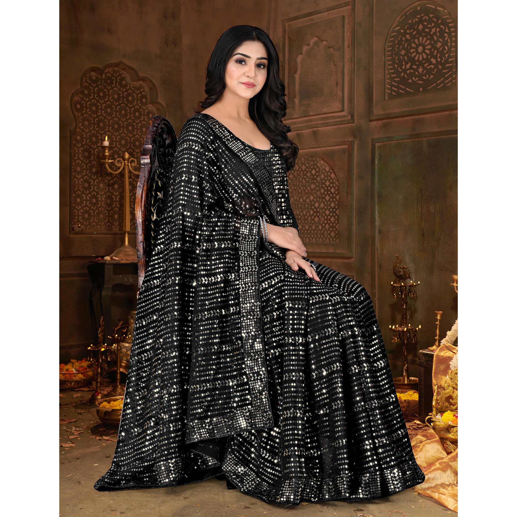 Black Sequins Embroidered Georgette Saree