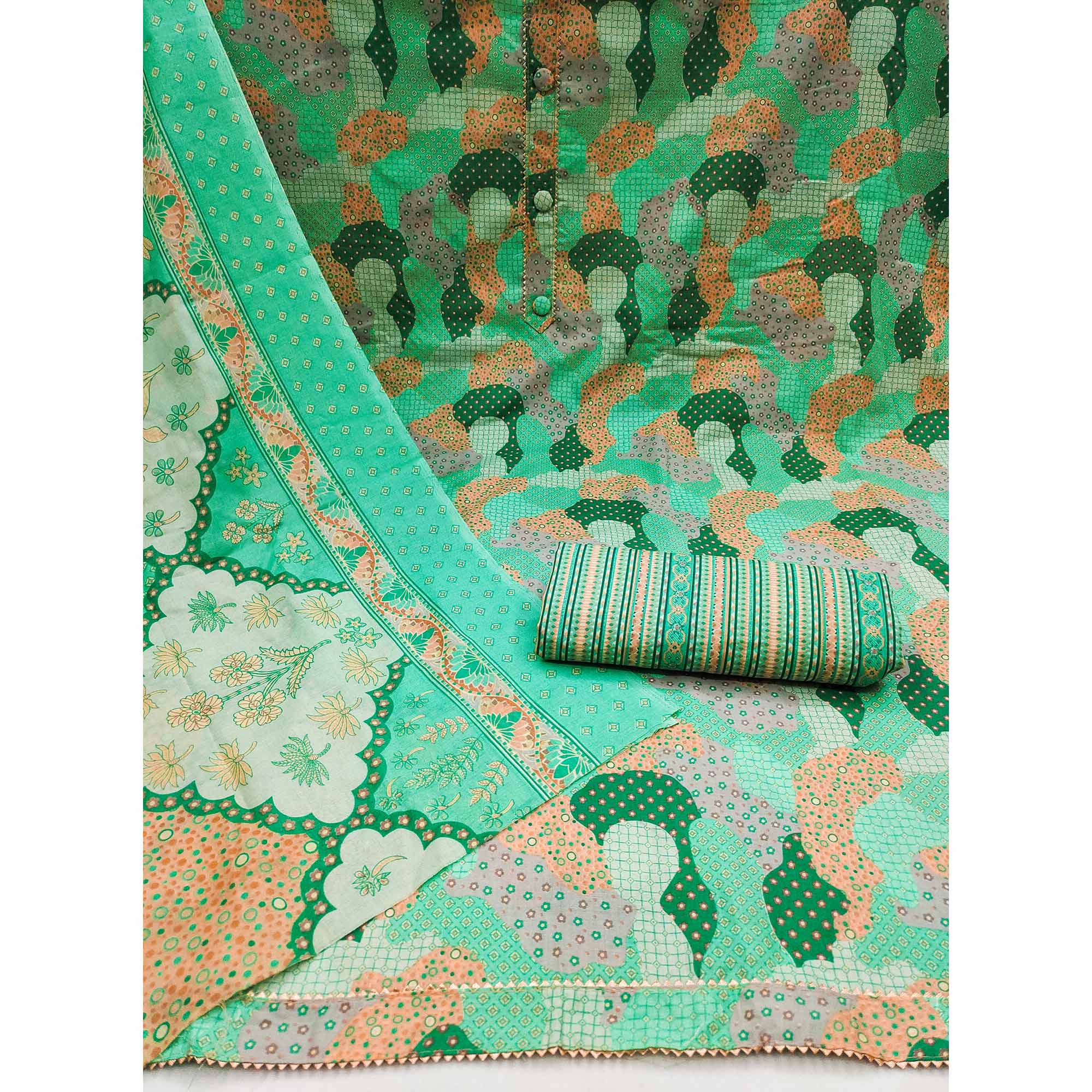 Green Printed Cotton Blend Dress Material