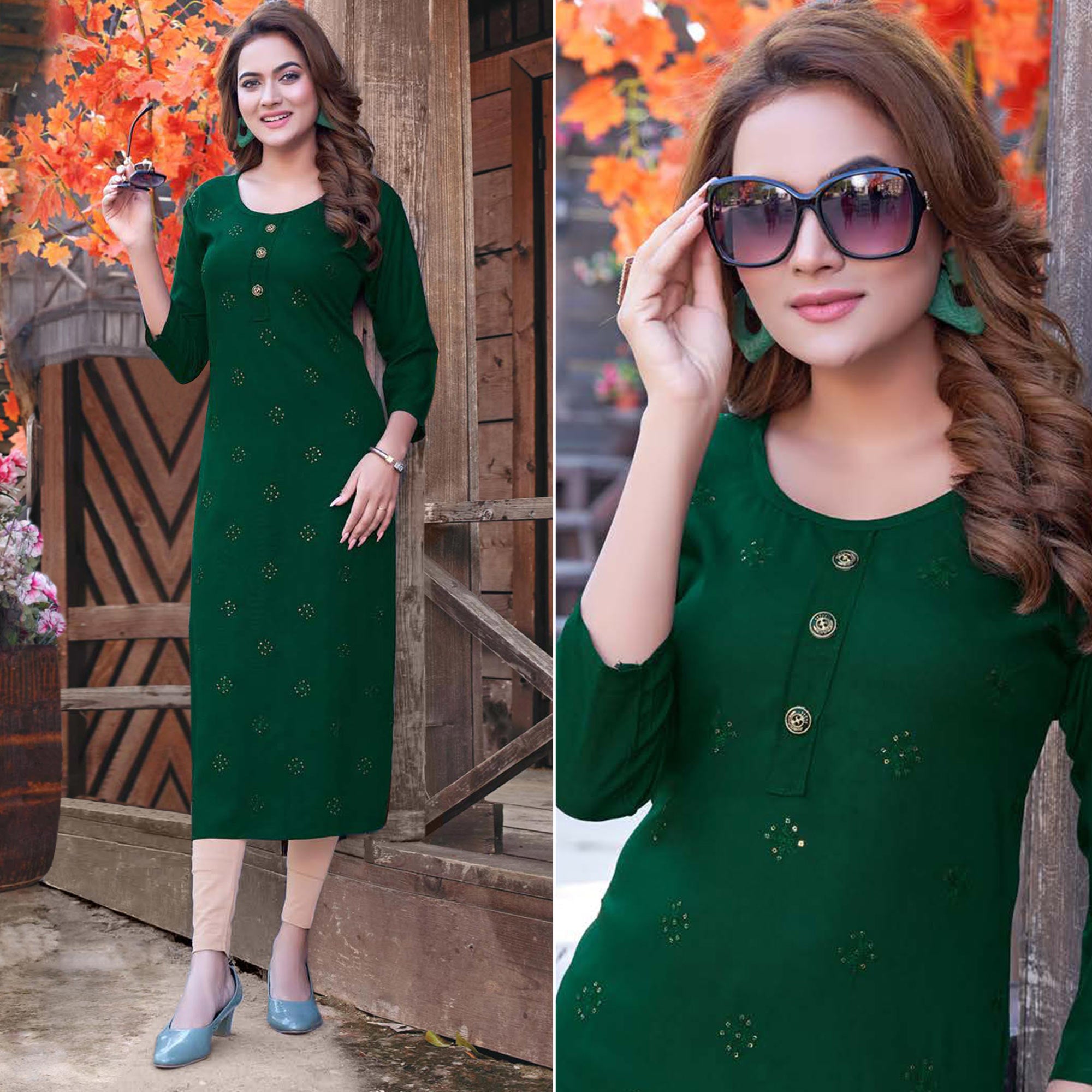 Green Sequins Embroidered Rayon Kurti