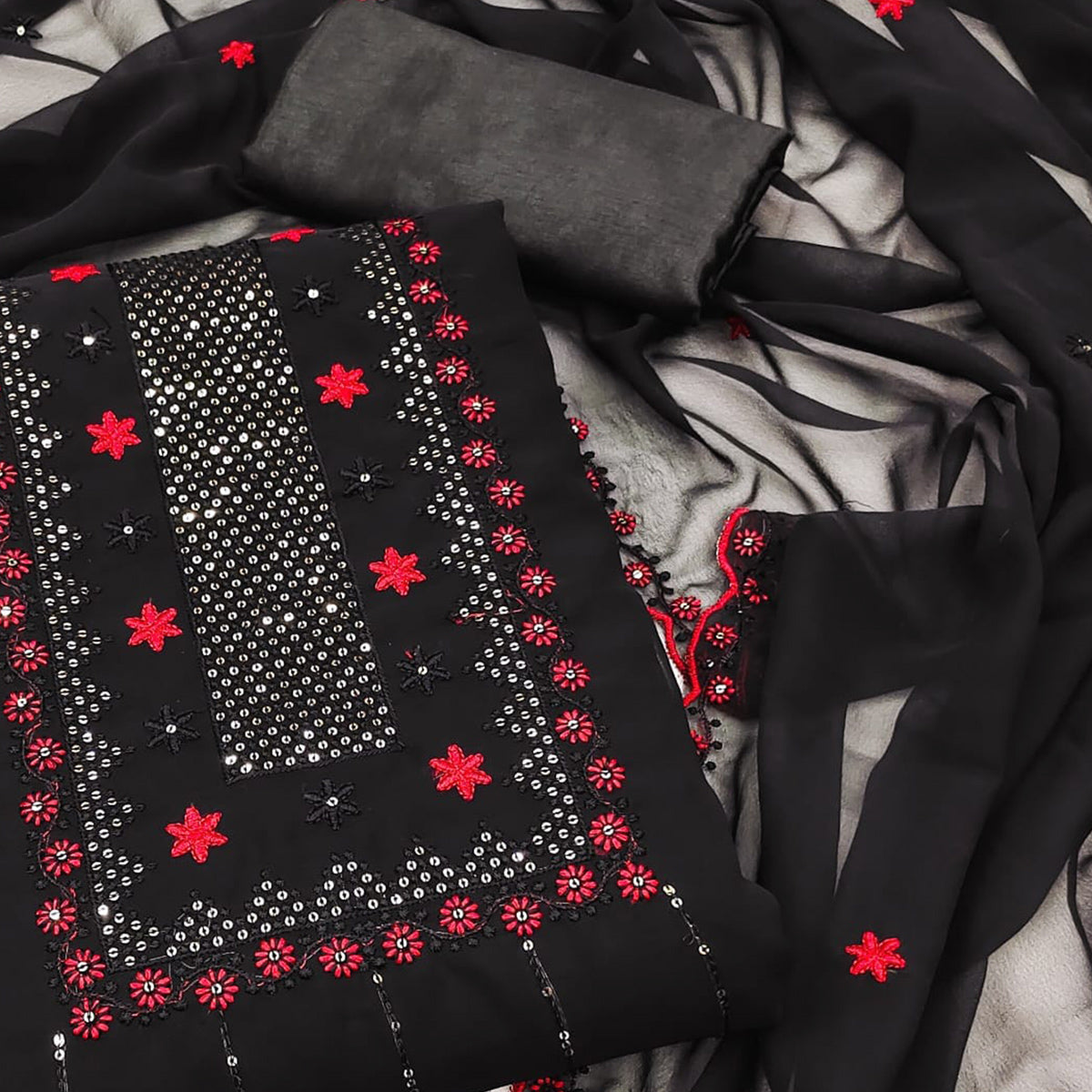 Black Sequins Embroidered Georgette Dress Material