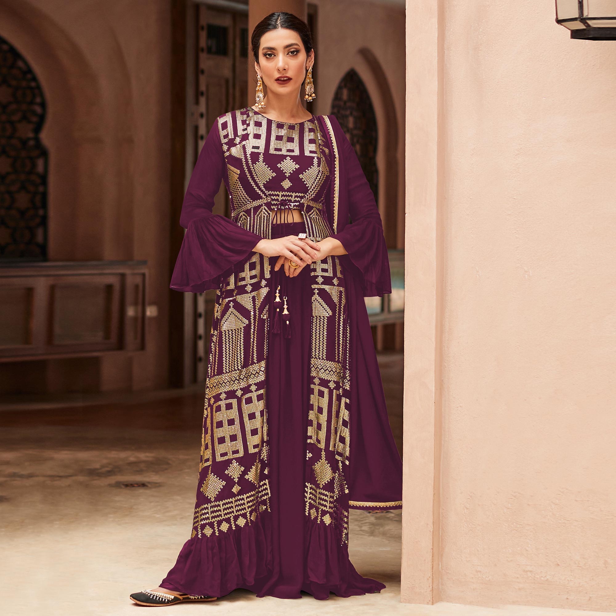 Purple Sequins Embroidered Georgette Sharara Choli With Jacket