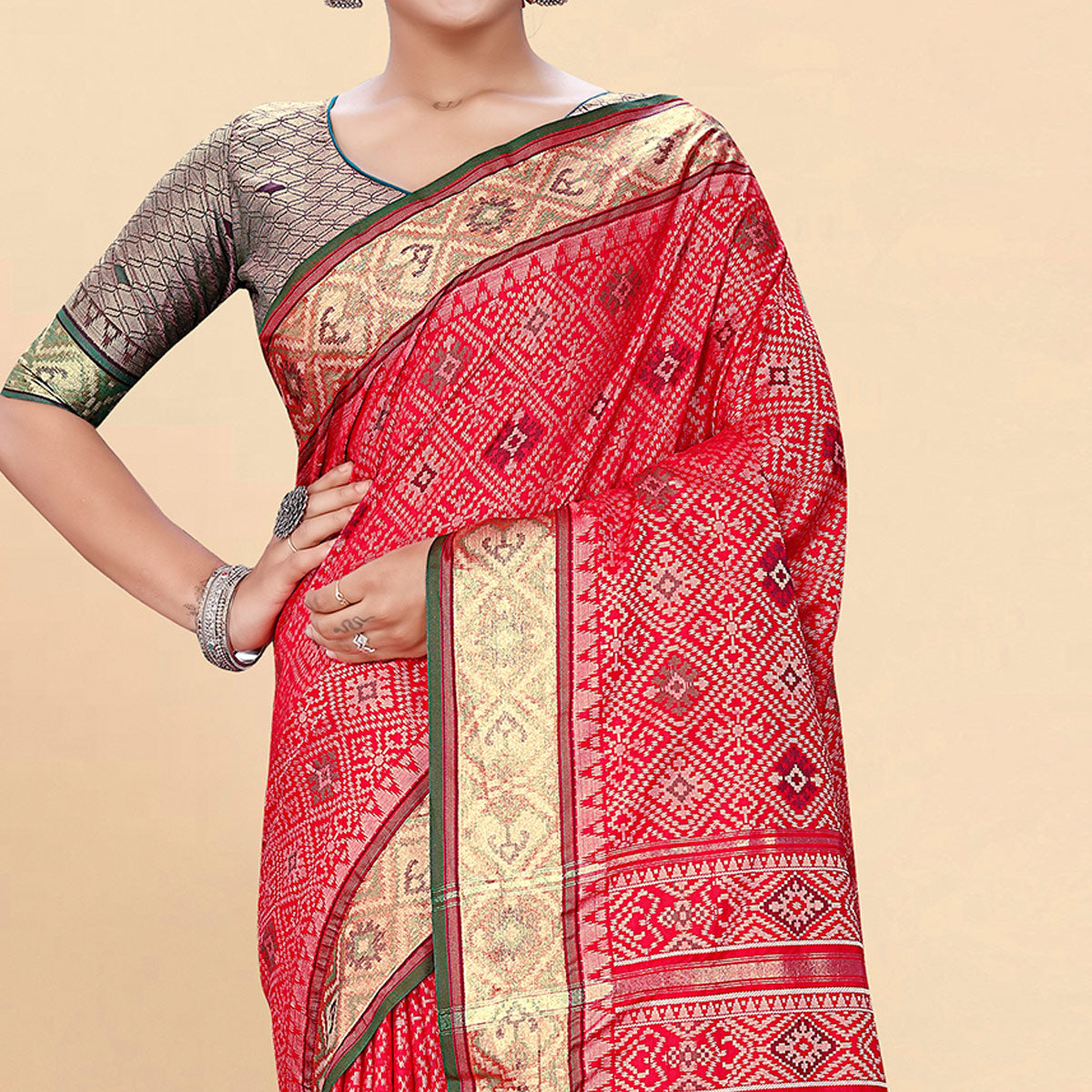 Pink Woven Patola Art Silk Saree With Tassels