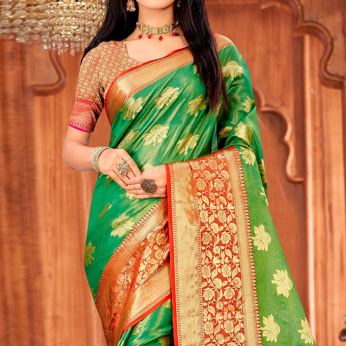 Green Woven Art Silk Saree With Tassels