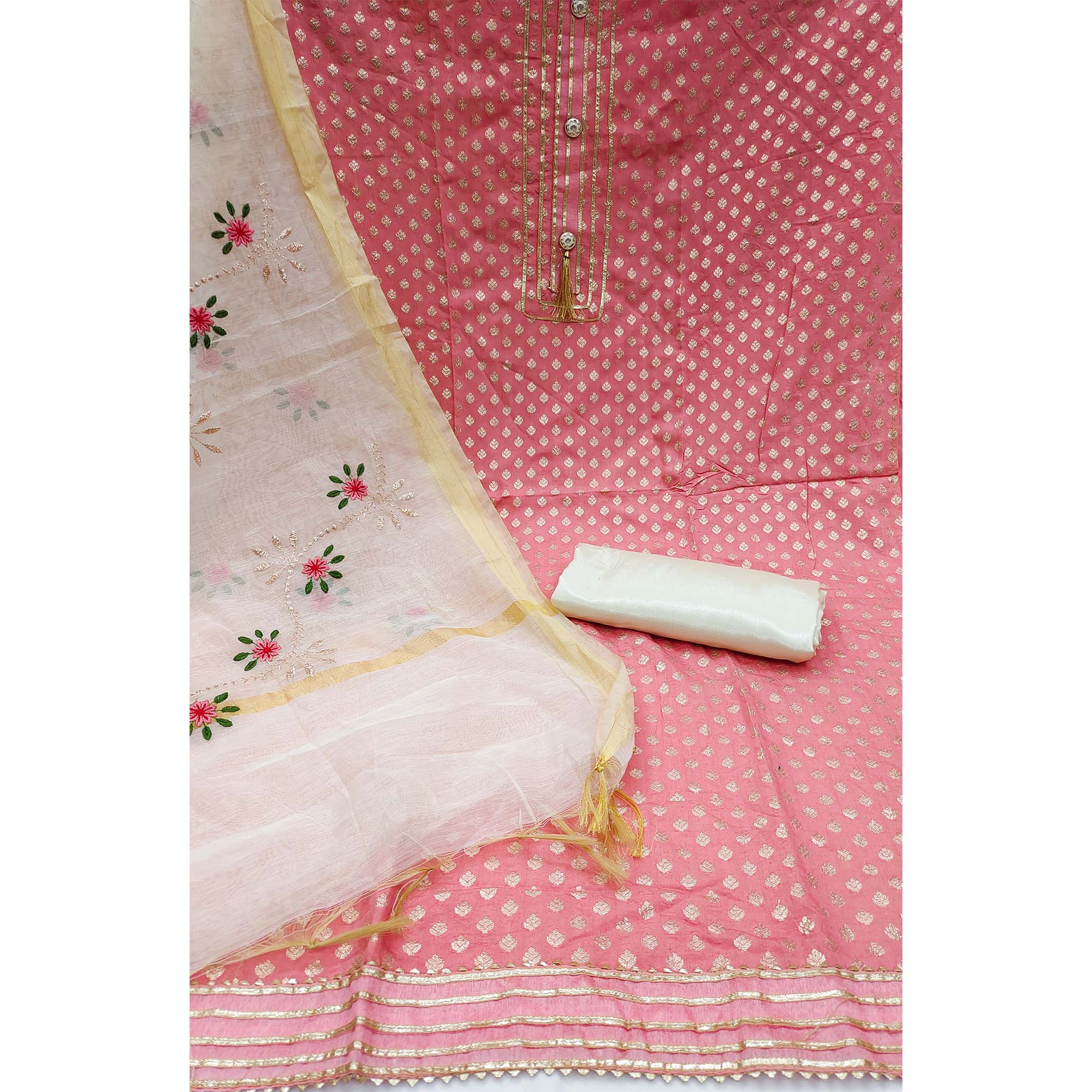Peach Woven Chanderi Dress Material
