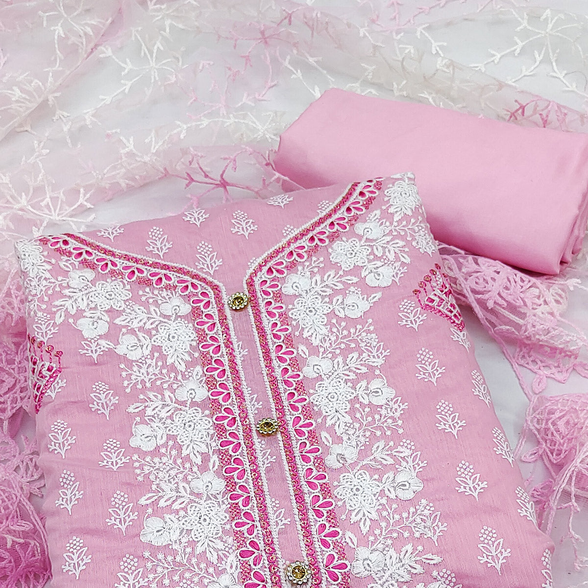 Pink Floral Embroidered Chanderi Dress Material