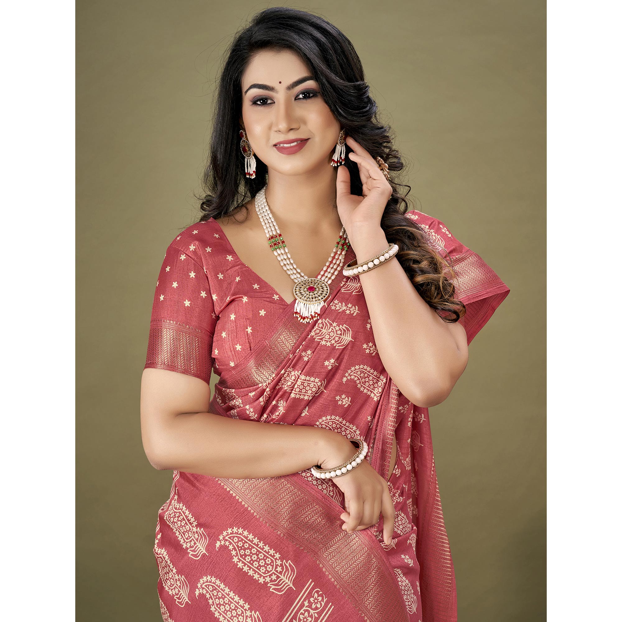 Pink Floral Printed Dola Silk Saree