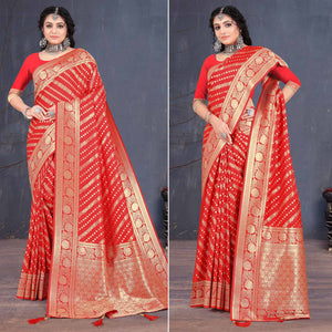 Red Woven Banarasi Silk Saree With Tassels