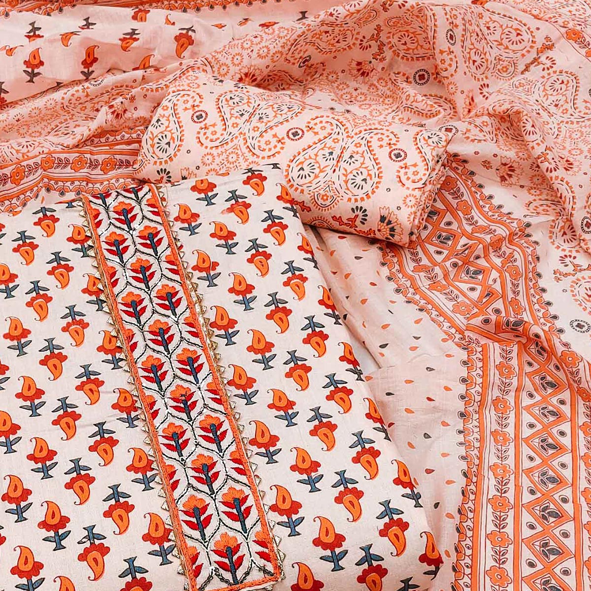 Peach Printed Cotton Dress Material