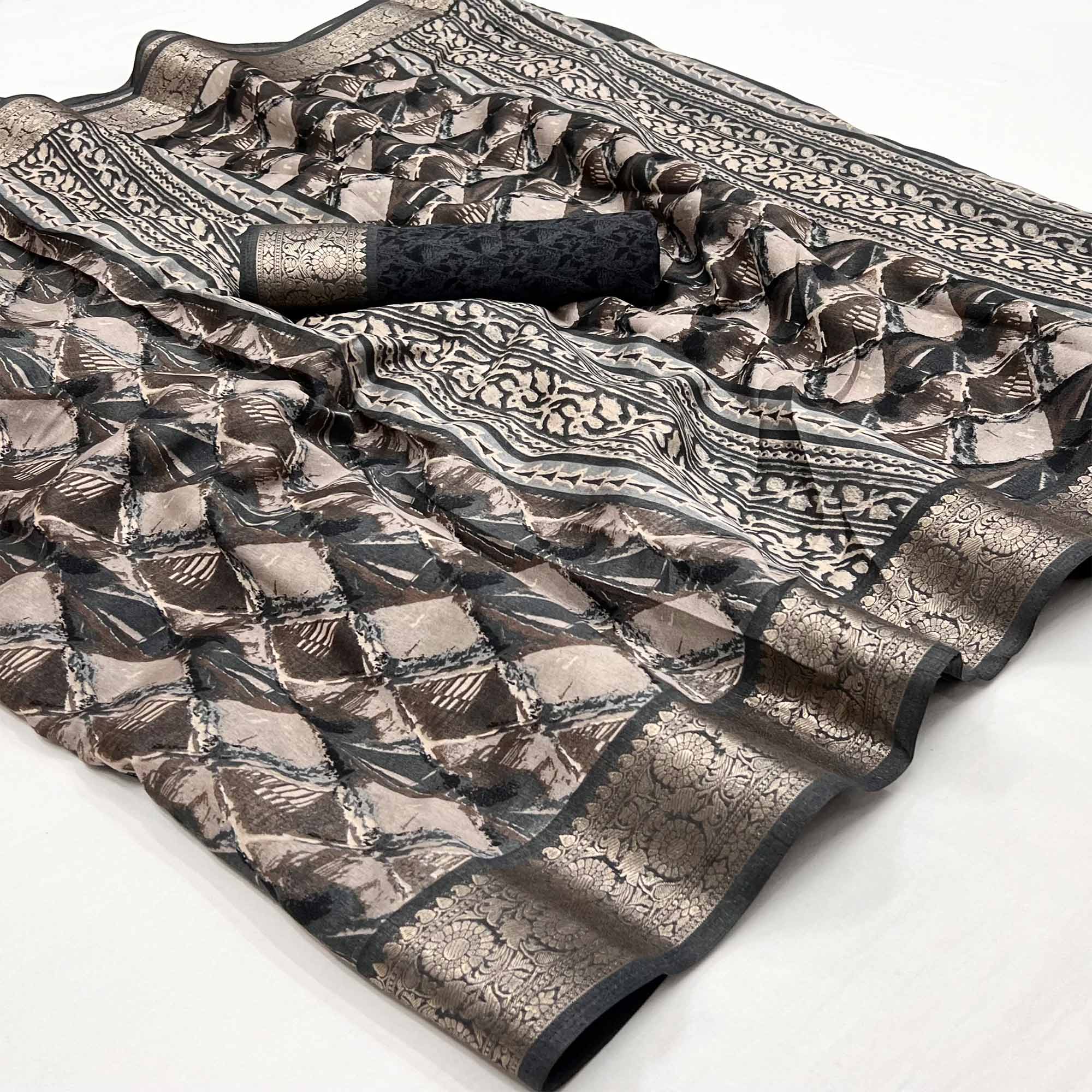 Grey Floral Printed With Woven Dola Silk Saree