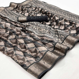 Grey Floral Printed With Woven Dola Silk Saree