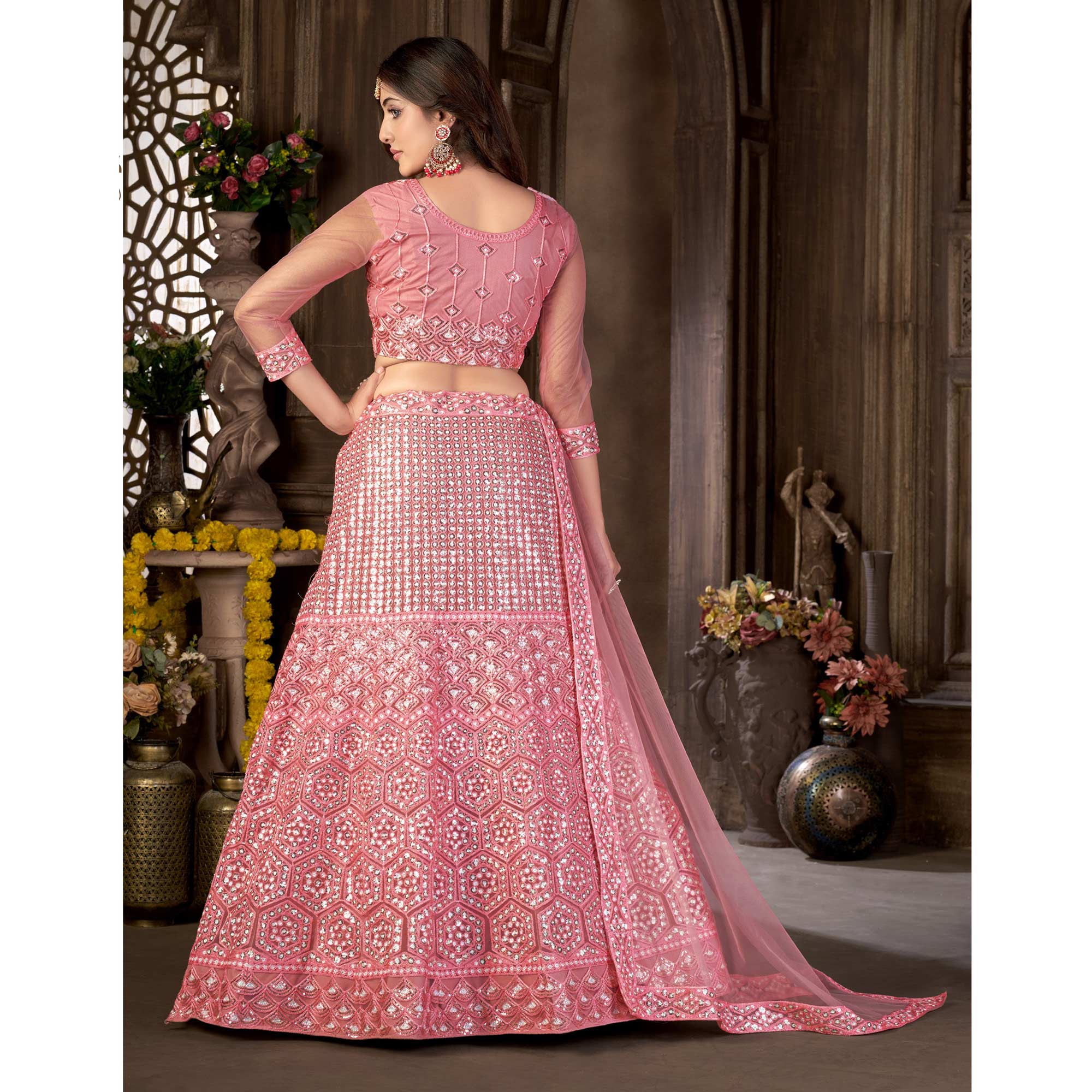 Pink Sequins Embroidered Netted Lehenga Choli