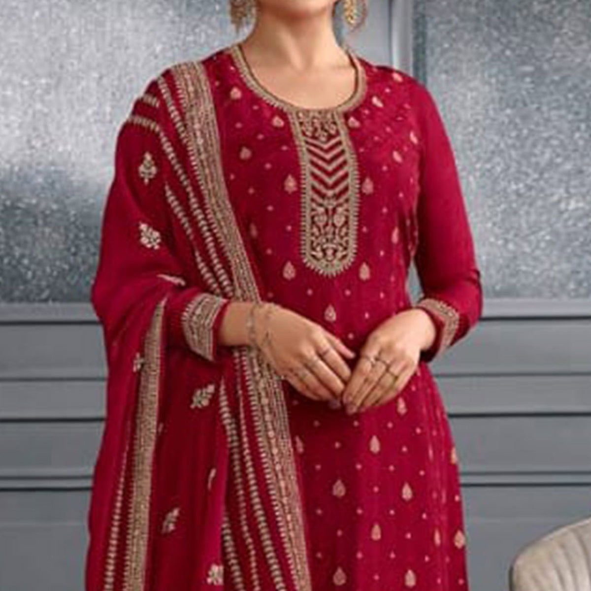 Red Woven With Sequins Embroidered Dola Silk Palazzo Suit