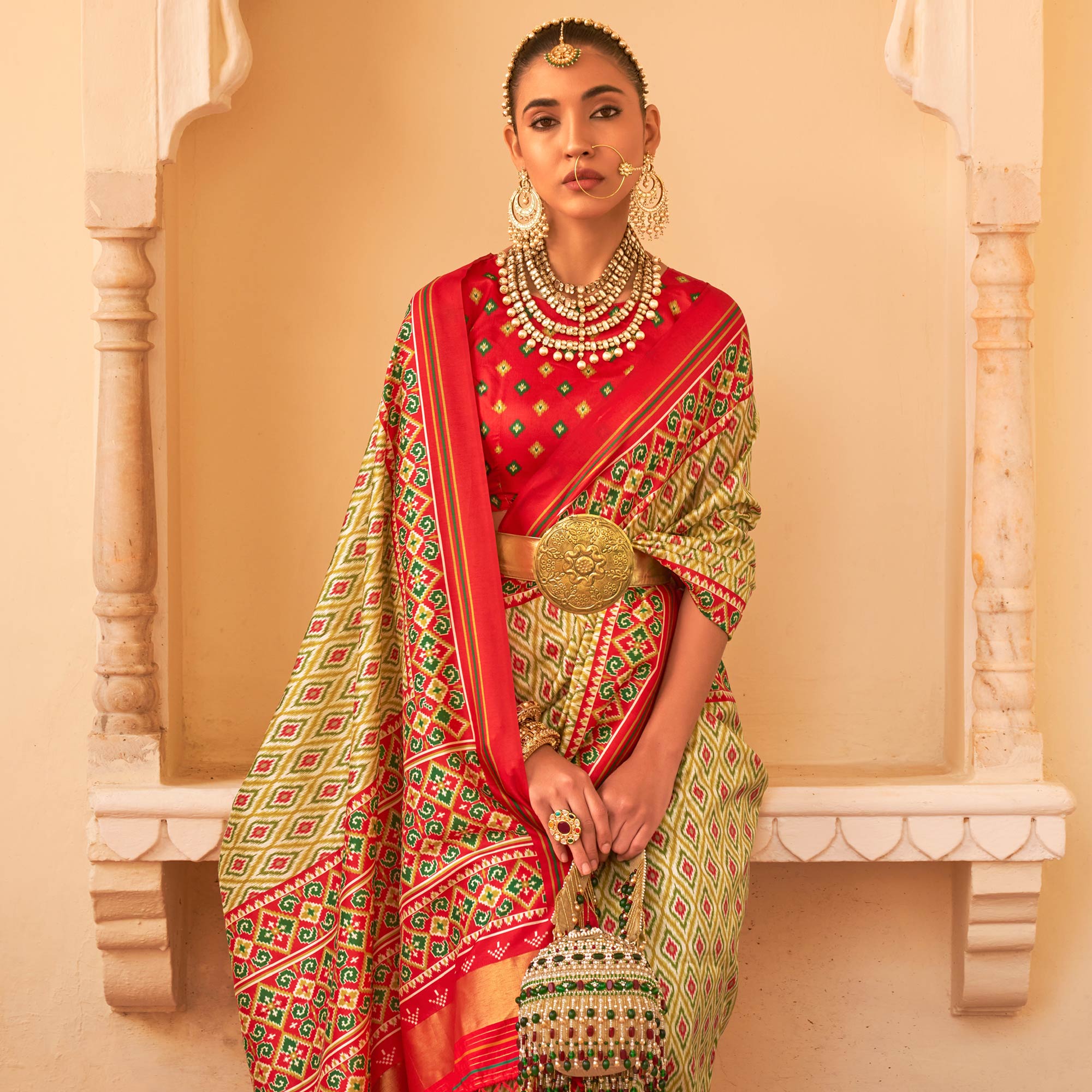 Green Printed Tussar Silk Saree With Tassels