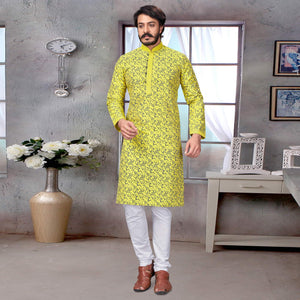 Yellow Printed Jacquard Kurta Pyjama Set